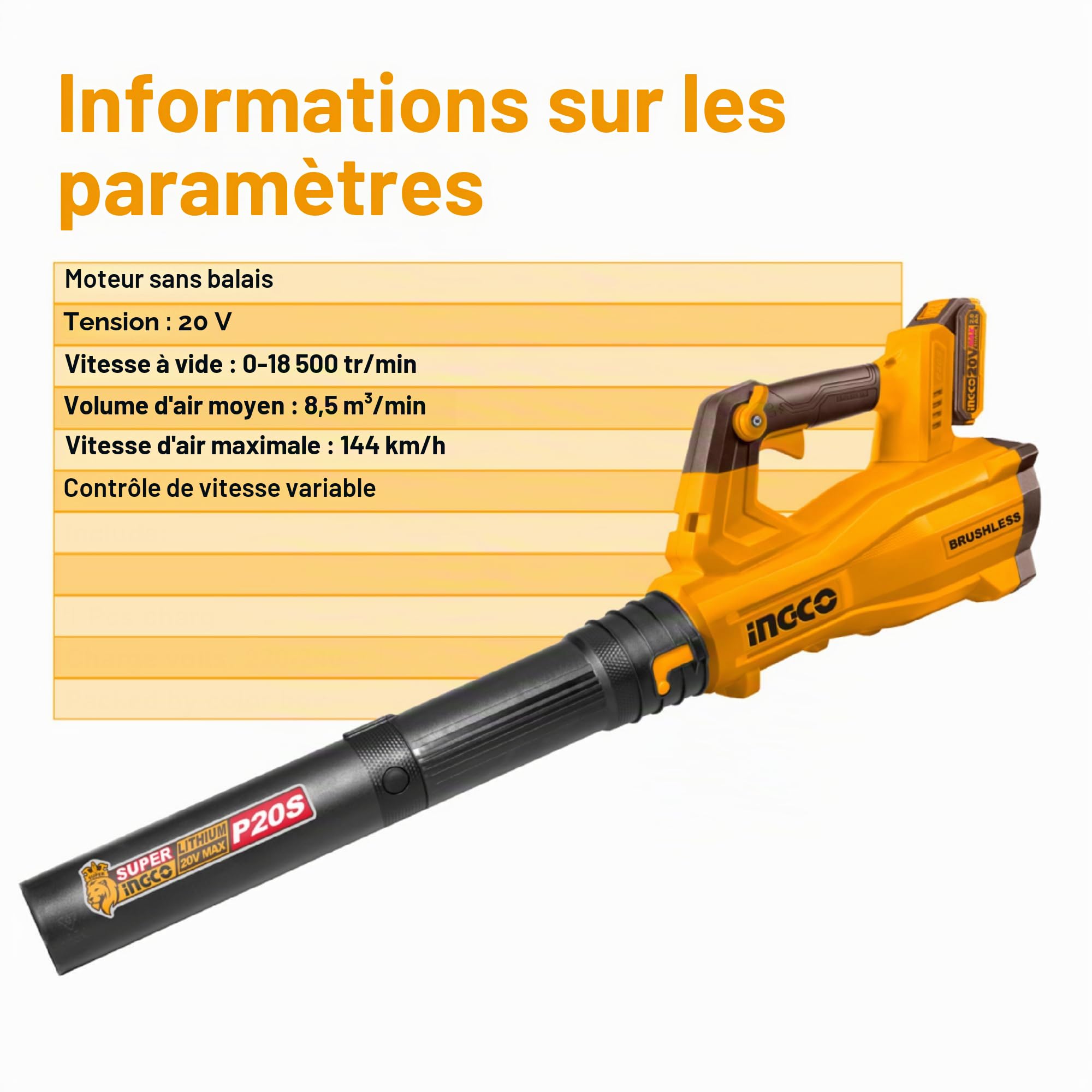 INGCO Souffleur à feuilles sans balais 20 V (corps uniquement) sans fil, vitesse d'air maximale 144 km/h, 18500 tr/min pour l'entretien de la pelouse, le dépoussiérage, le nettoyage des mauvaises