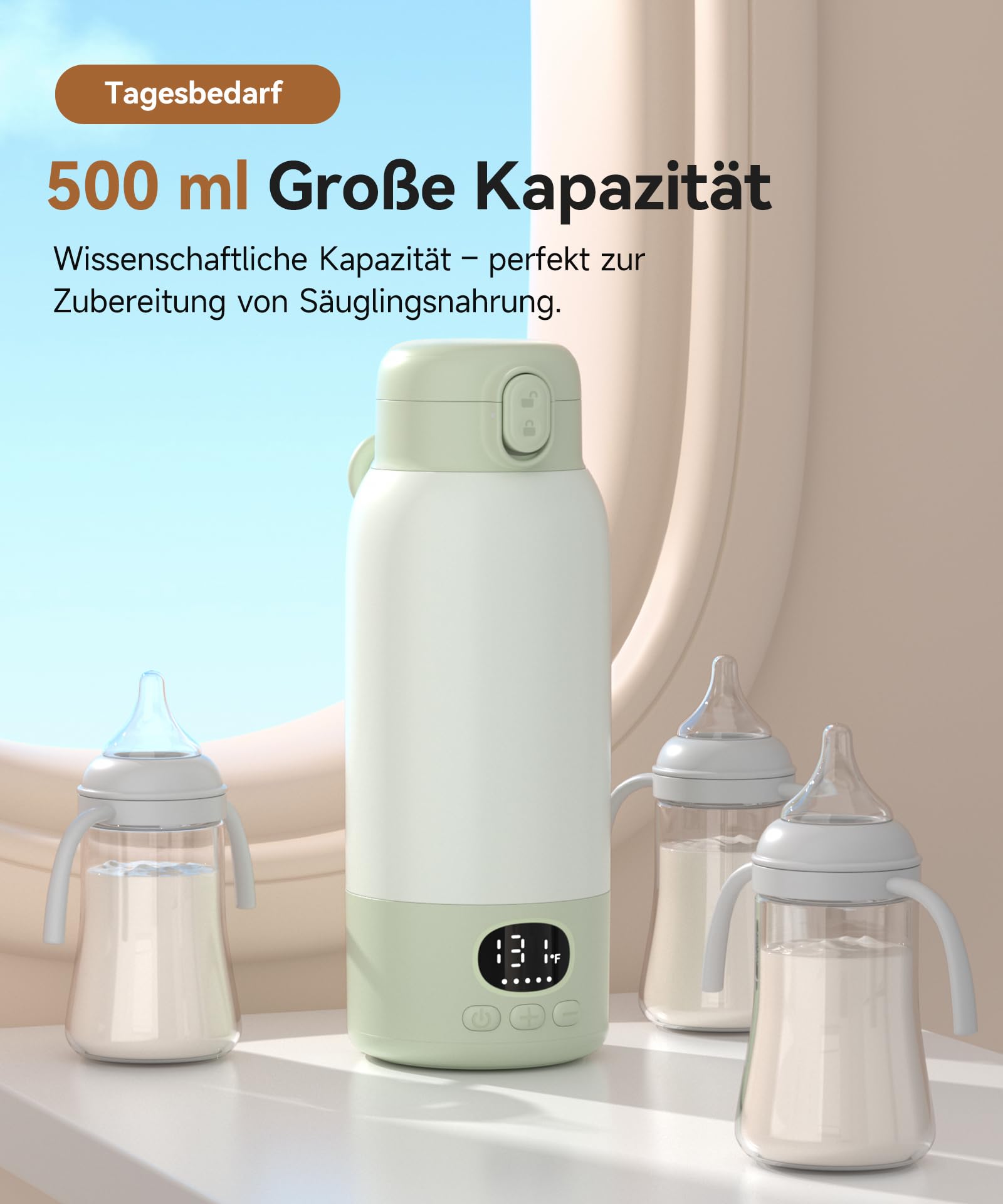 Flaschenwärmer Baby unterwegs Kabellos, Schneller Erwärmer 500 ml | Präzise Temperaturregelung, 316 Edelstahl, 14800mAh Akku, USB-C, Trockengehschutz, Auslaufsicher, unterwegs & Auto