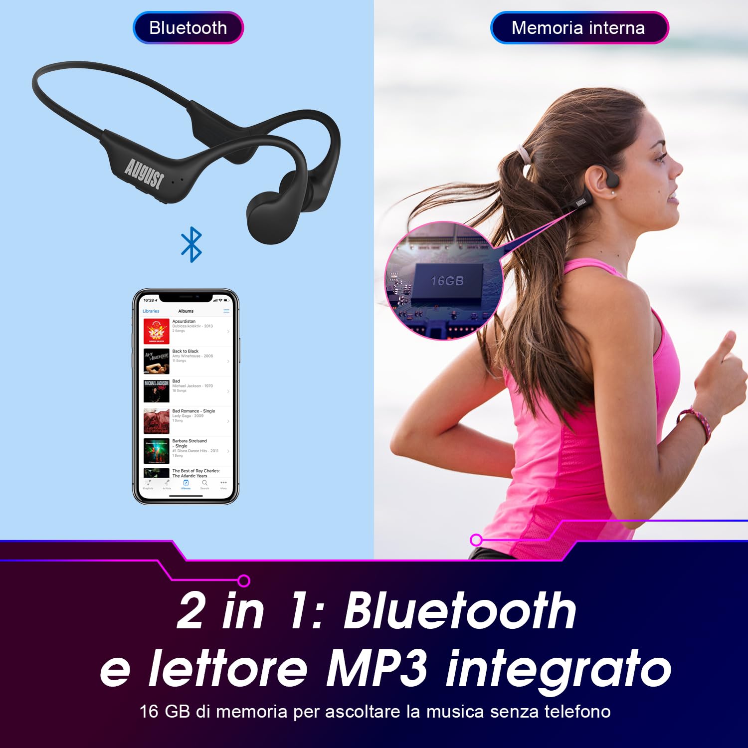 August EP400 Cuffie Conduzione Ossea Bluetooth e MP3 Openear con Memoria, Bone conduction con microfono, IP68 Impermeabili Multipoint per Running Sport Waterproof Wireless Bici Ciclismo - Nero