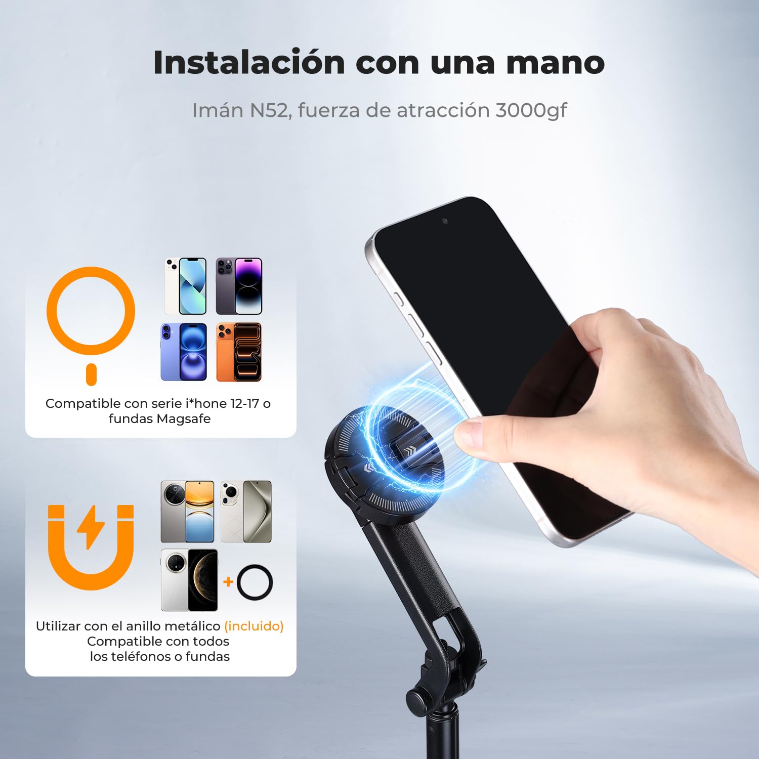 K&F CONCEPT TF08 180cm Trípode para Movil, 3-en-1 Palo de Selfie Magnético+Clip+Tornillo 1/4", Trípode Magnético Rotatorio de 360°, Compatible con iPhone 17-12 y Android,dji OSMO 3/4,Luna Ultra