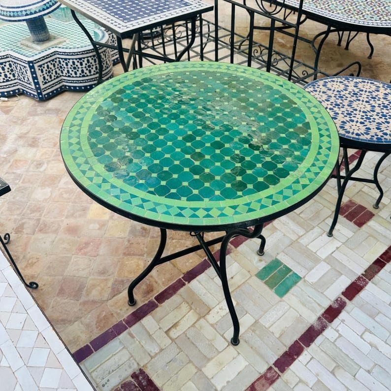 Amazing Mosaic Table, Round Green Zellij Tile Top, Handmade Patio Bistro Table, Mediterranean Garden Furniture, Outdoor Decor