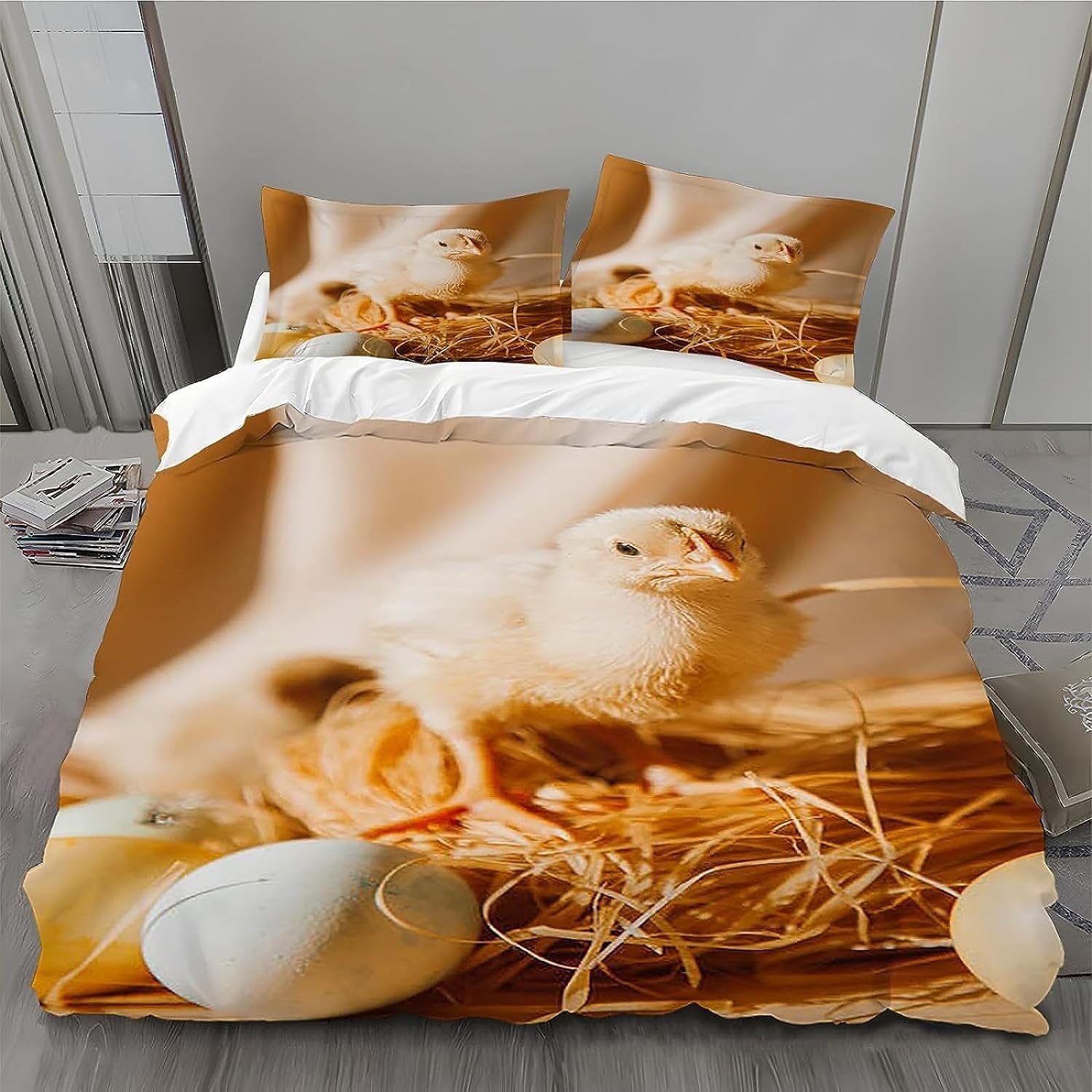 Bettwäsche 155x200 Hühner Bettwäsche-Sets Huhn 3D Druck Bettbezug Hühner Weiche Mikrofaser 3 Teilig Bettbezüge mit Reißverschluss und 2 Kissenbezug