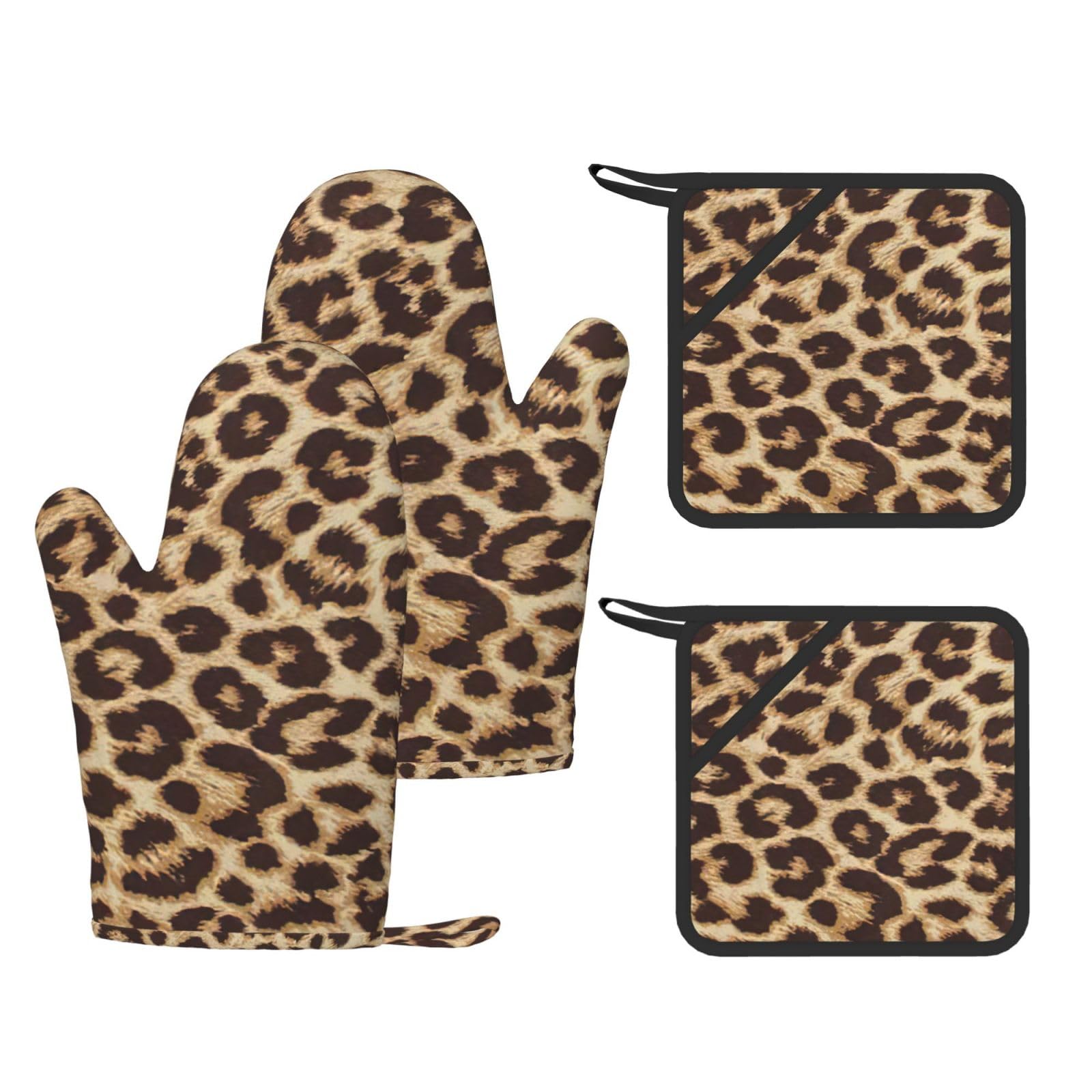 Nimongt Black Leopard Pattern Print Heat Resistant Gloves Pads Reusable Kitchen Set Oven Baking Grilling Cooking