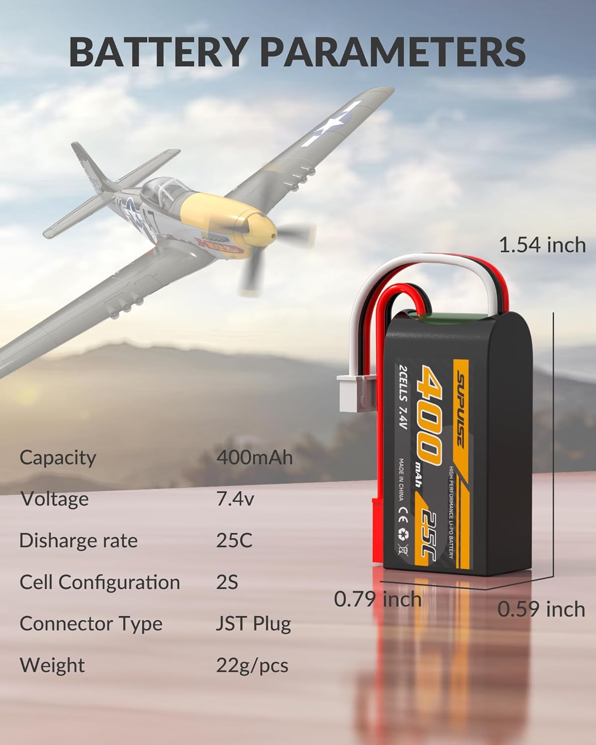 SUPULSE 7.4v 400mah Lipo RC Battery with JST Connector 25C High Discharge Rate 2S Lipo Battery Compatible with for 768-2 P51D RC Plane/Car/Truck/Helicopter(2 Packs)