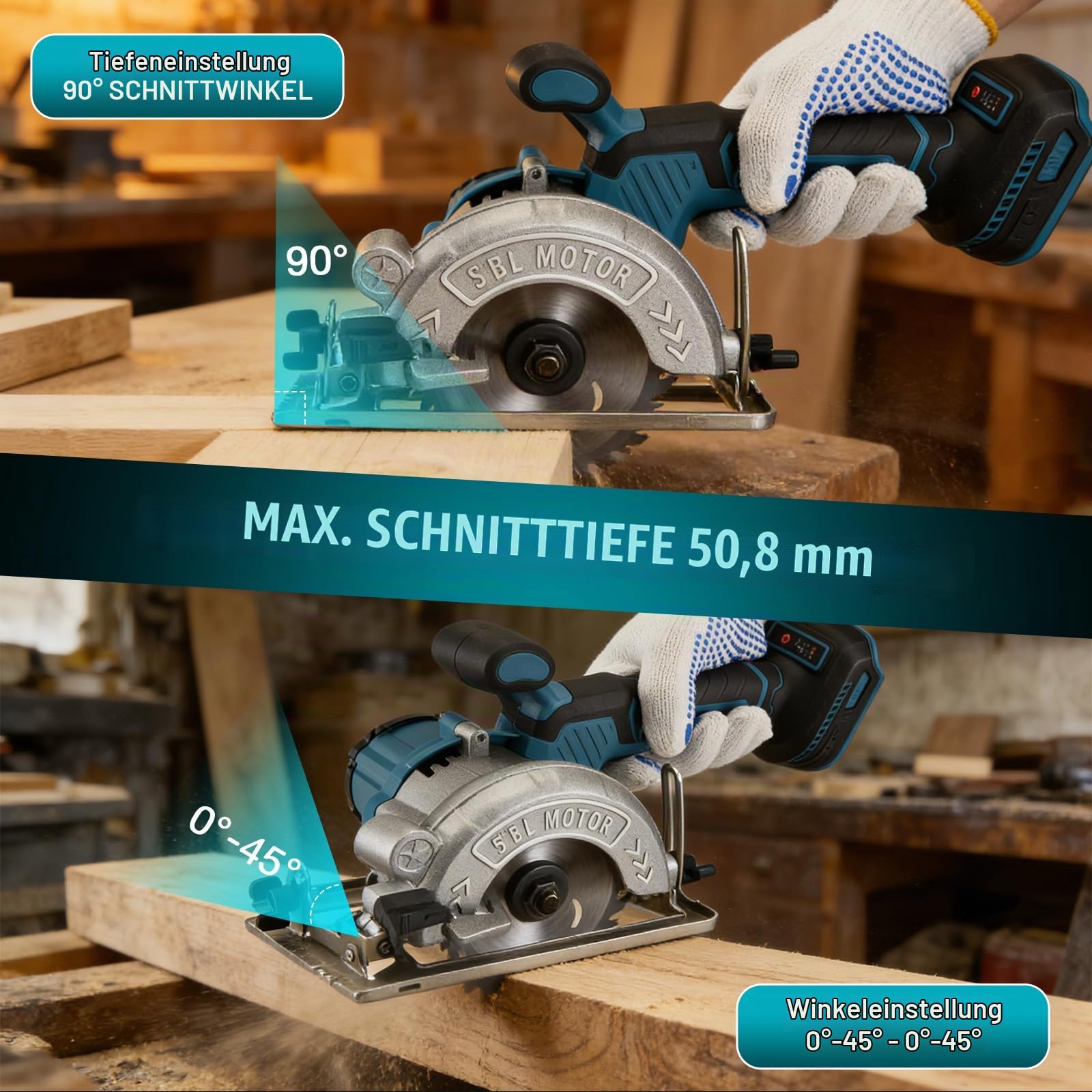Akku Handkreissäge, 7000RPM Bürstenlose Mini Kreissäge für Makita 18V Batterie mit 2 Sägeblättern (125mm), Handkreissäge Einstellbarer Schnittwinkel für Schneiden von Fliesen und Holz