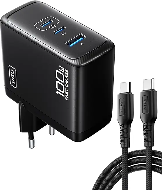 INIU 100W USB C Ladegerät, Laptop Schnellladegerät mit USB C Kabel, GaN 3-Port Mehrfach Netzteil für MacBook Air Pro, iPad, iPhone 17 16 15 Pro Max, Samsung Galaxy S25 S24 Ultra, Pixel, Switch 2 etc
