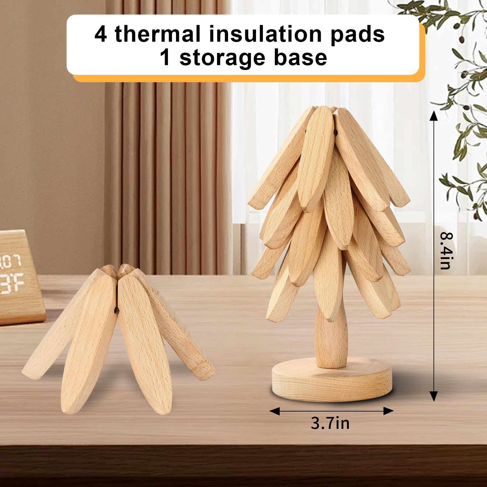 Untersetzer Aus Holz In Baumform – 4 Stück + Ständer, Hitzebeständig Für Töpfe & Pfannen, Dekorativ