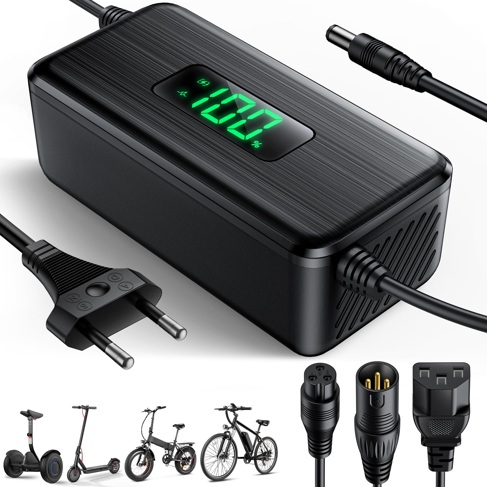 54.6V 2A Chargeur Trotinette Electrique avec Écran LED de Charge, Chargeur Hoverboard avec Ventilateur, Chargeur Universel pour Toutes Les Batteries Lithium de 48V, avec Ninebot, Xiaomi