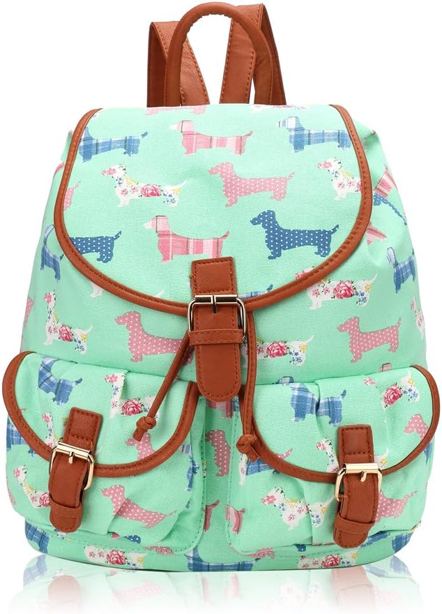 Dachshund Sausage Dog Print Classic Retro Style Rucksack Backpack (Green)