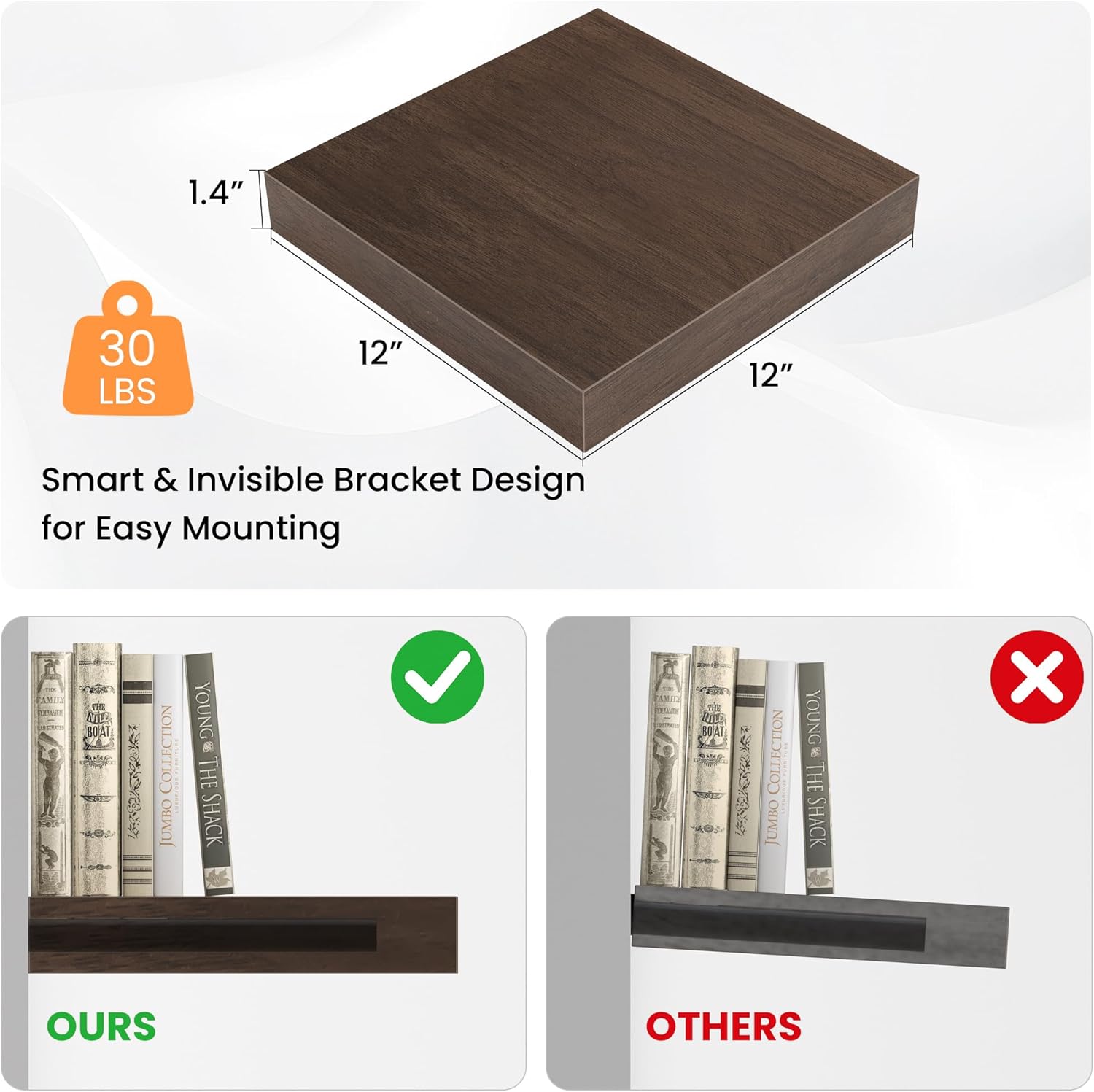 Square Floating Shelves for Wall, 10" W x 10" D x 1.4" H, Small Wooden Wall Mounted Display Shelves with Invisible Brackets for Living Room, Bedroom, Bathroom, Kitchen Decor, Set of 4, Walnut