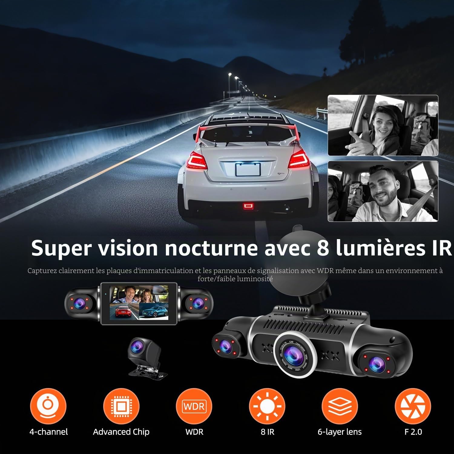 Caméra de tableau de bord 360 ° avant et arrière 4 canaux FHD 4 x 1080p, intérieur/arrière 170° + 2 x 150 ° + 170 ° grand angle, 8 lampes infrarouges, vision nocturne, WiFi 5G, GPS, application