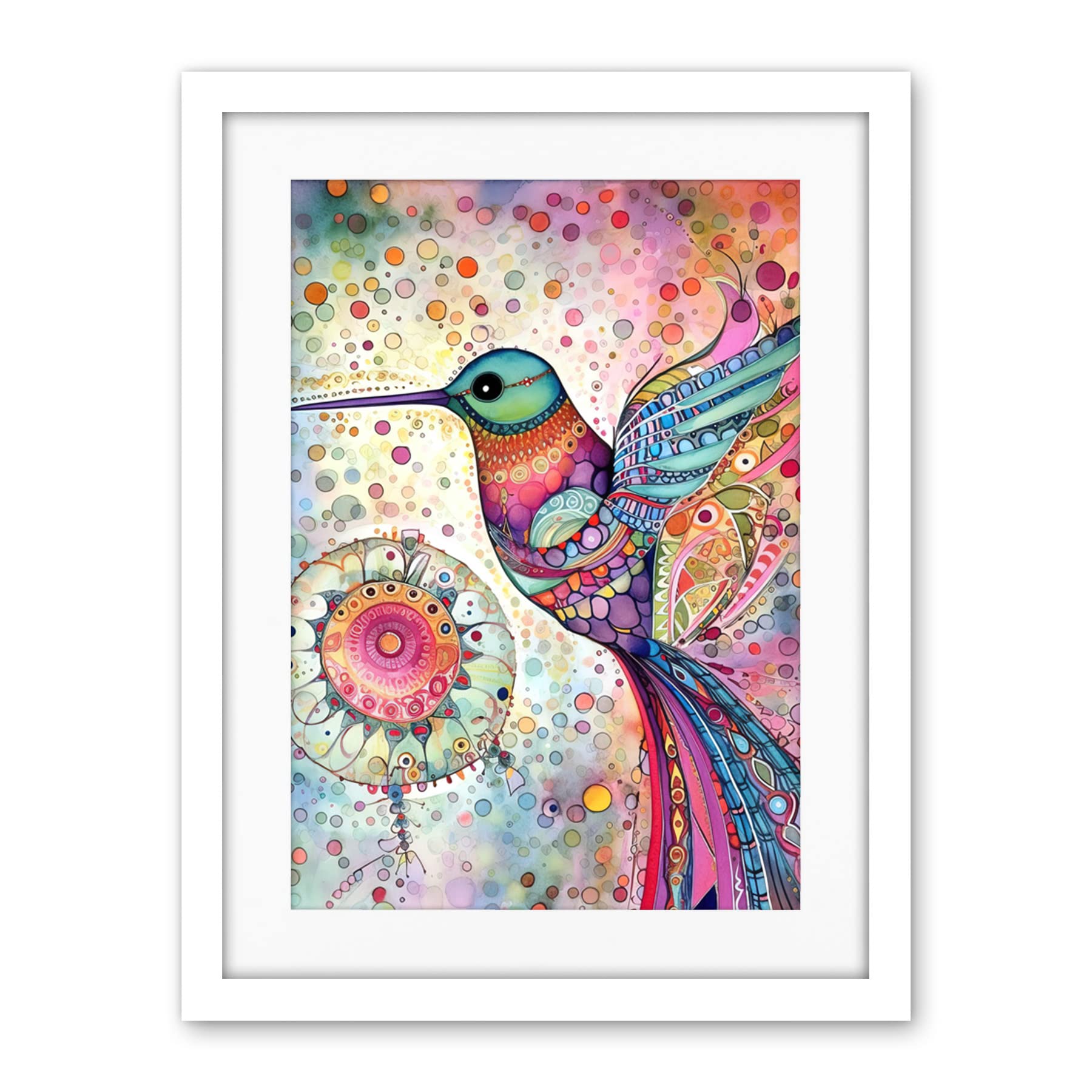 Artery8 Hummingbird With Mandala Patterns Colourful Folk Art Watercolour Painting Artwork Framed Wall Art Print 18X24 Inch