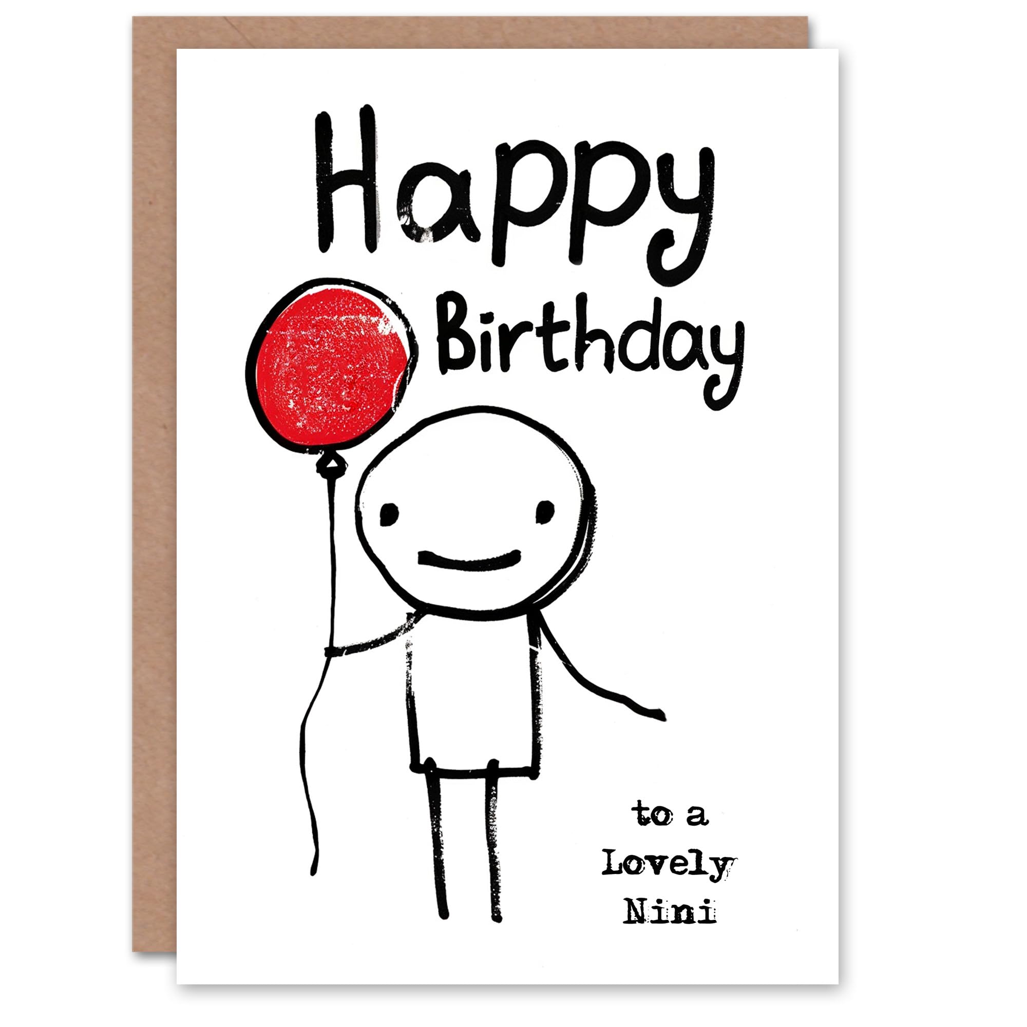 Artery8 Happy Birthday to a Lovely Nini Stick Figure Red Balloon Simple Non Binary Gender Neutral Card