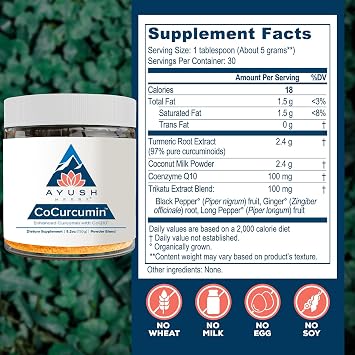 Ayush Herbs CoCurcumin, Turmeric Powder, CoQ10, 4.2 Oz Jar (30 Servings)