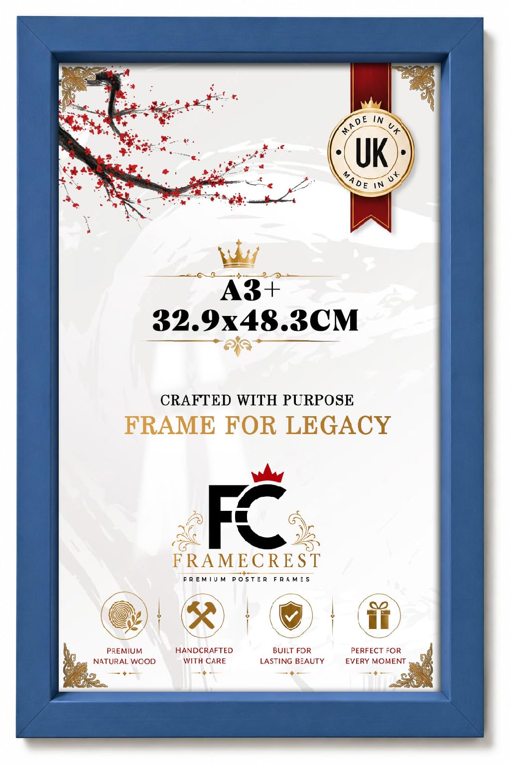 Framecrest Ltd Blue Framecrest Flat Profile Large A3+ 32.9X48.3cm Poster Frame Eton Wood Perfect For Wall Gallery, Living Room & Wall Hanging Mount Poster Picture-[Blue]