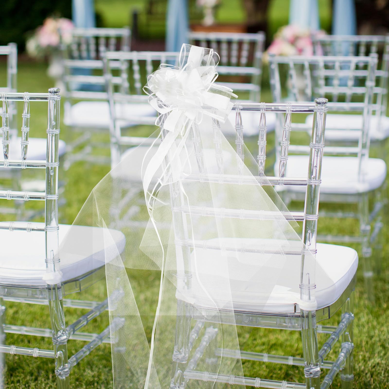 12 Fiocchi da 20" per panche Nuziali Grandi con Lunghe Code di Tulle, Decorazioni per sedie da Chiesa, Decorazioni per Auto da Matrimonio, Fiocchi Grandi per Addio al Nubilato,