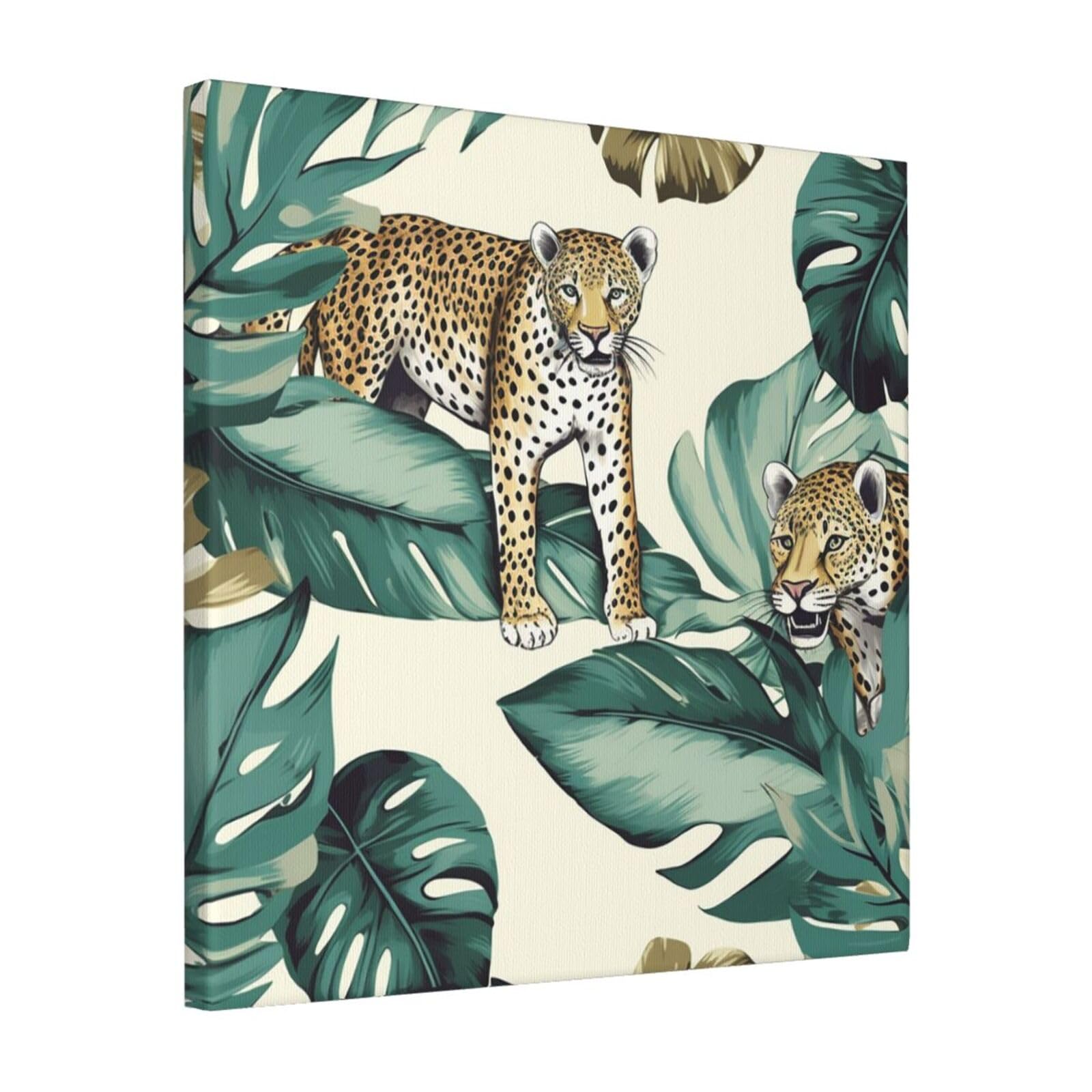 FodPand Leopard And Palm Leaves Canvas Wall Art for Living Room Wall Decor 16"x16" Modern Artwork Painting Pictures Hanging Canvas Prints Aesthetic Wall Art for Bedroom Bathroom Office Wallart Decor