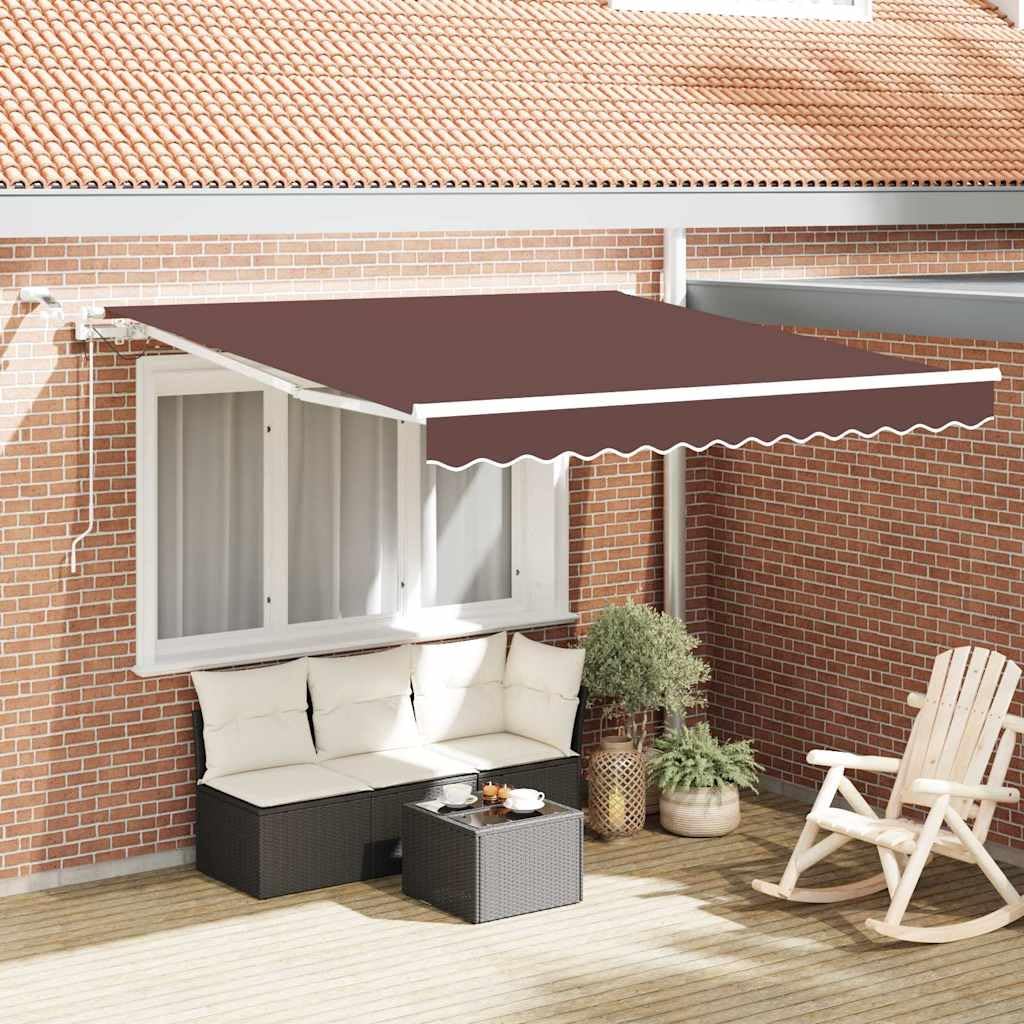 Toldo automático con LED marrón, 300 x 250 cm, brazo articulado, protección solar, resistente al agua, resistente a los rayos UV, con sensor de viento y manivela para terraza, balcón, exterior
