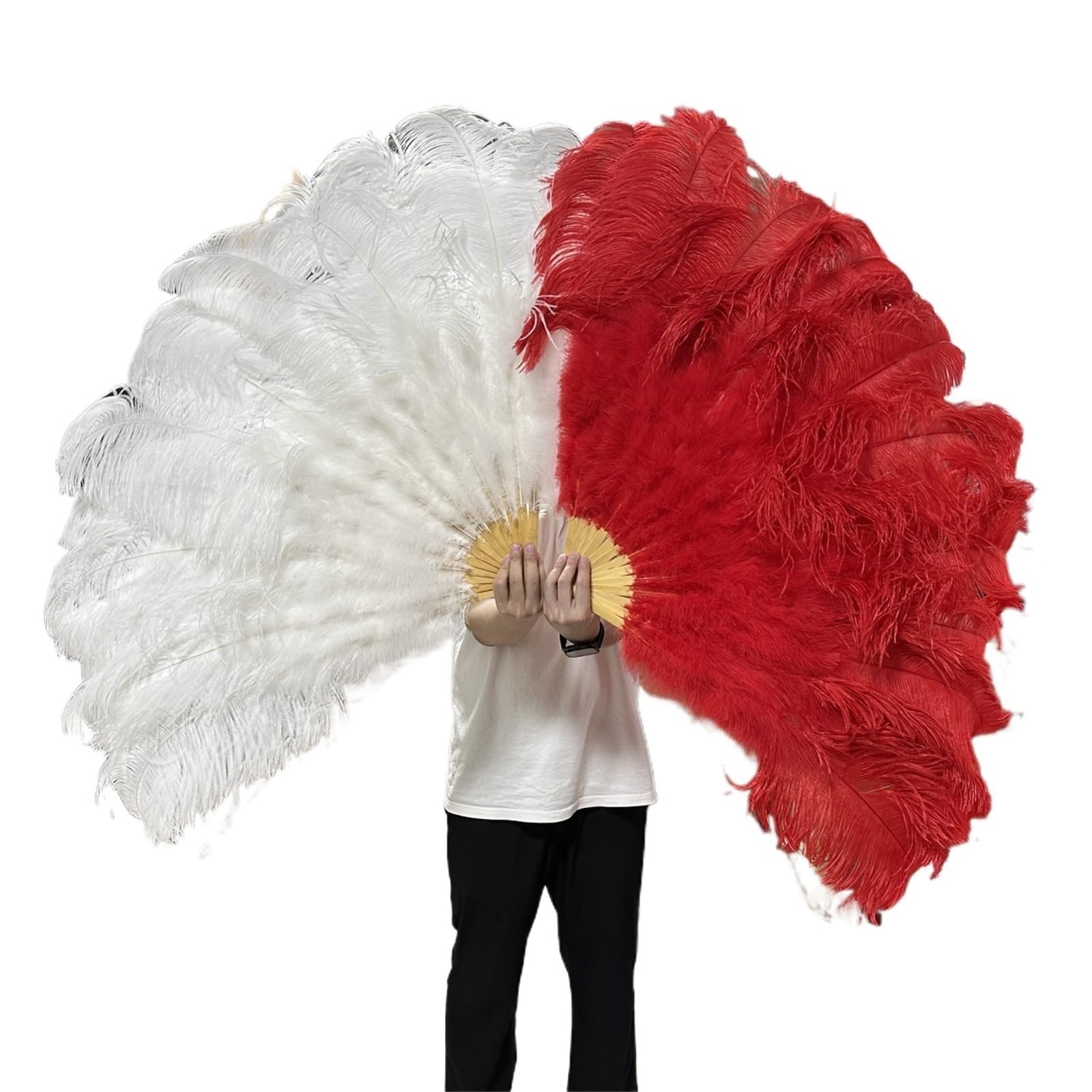 Grand éventail pliant en plumes d'autruche moelleuses - 13 branches - 100 cm / 130 cm - Pour mariage, fête, spectacle sur scène - Main gauche - 130 cm - Blanc