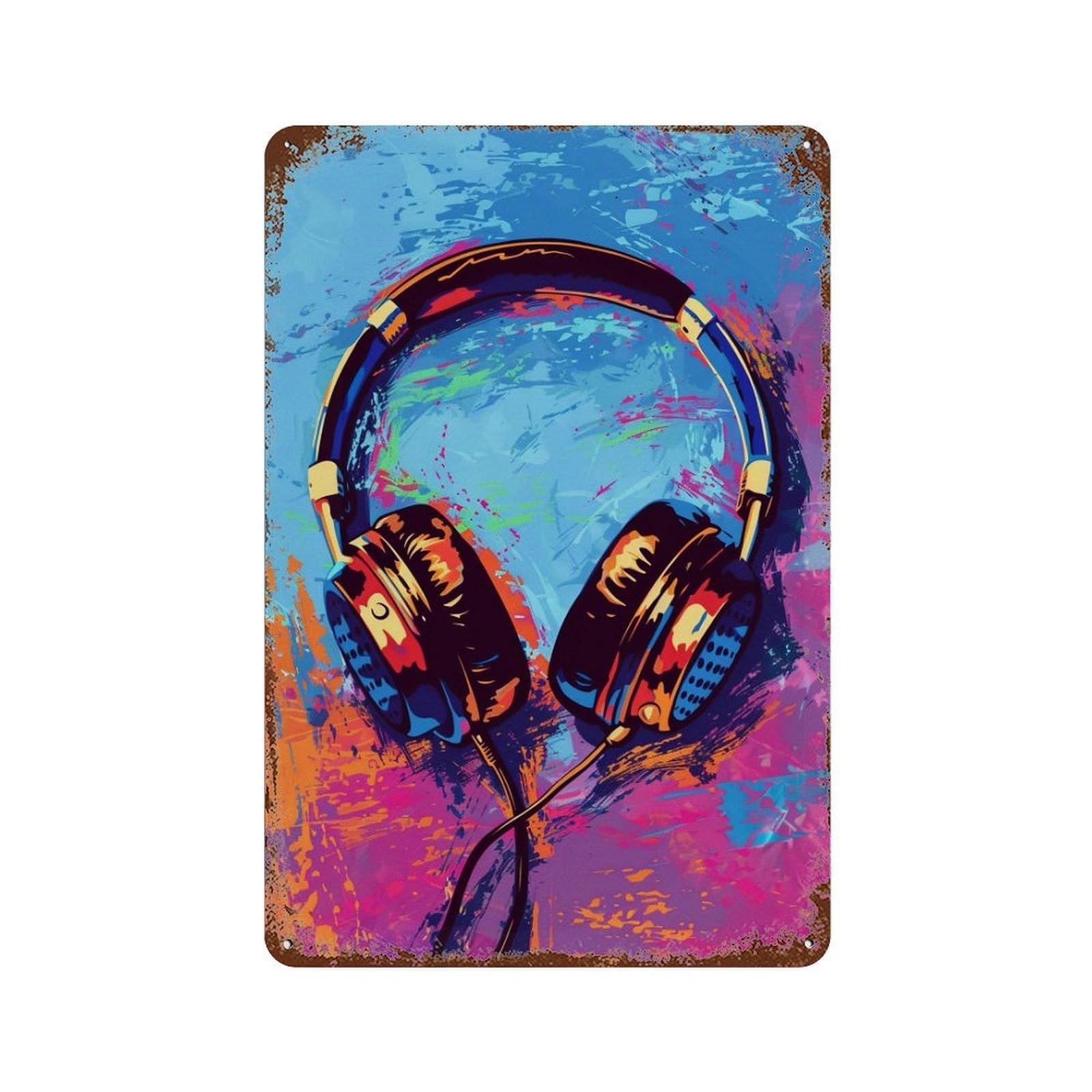Vibrant Headphones Art Print Vintage Wall Sign 11.8"x7.9", Rust Effect Metal Decor for Cafe, Home Bar And Lounge Decor