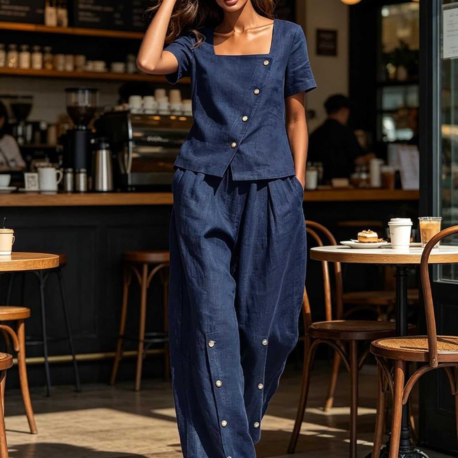 hausanzug damen Lässiges und modisches Damen Set aus kurzem Ärmel, weitem Bein, eckigem Ausschnitt, schräger Vorderseite, seitlicher Knopfleiste und eckiger Hose mit eckigem hosenanzug (Navy, S)