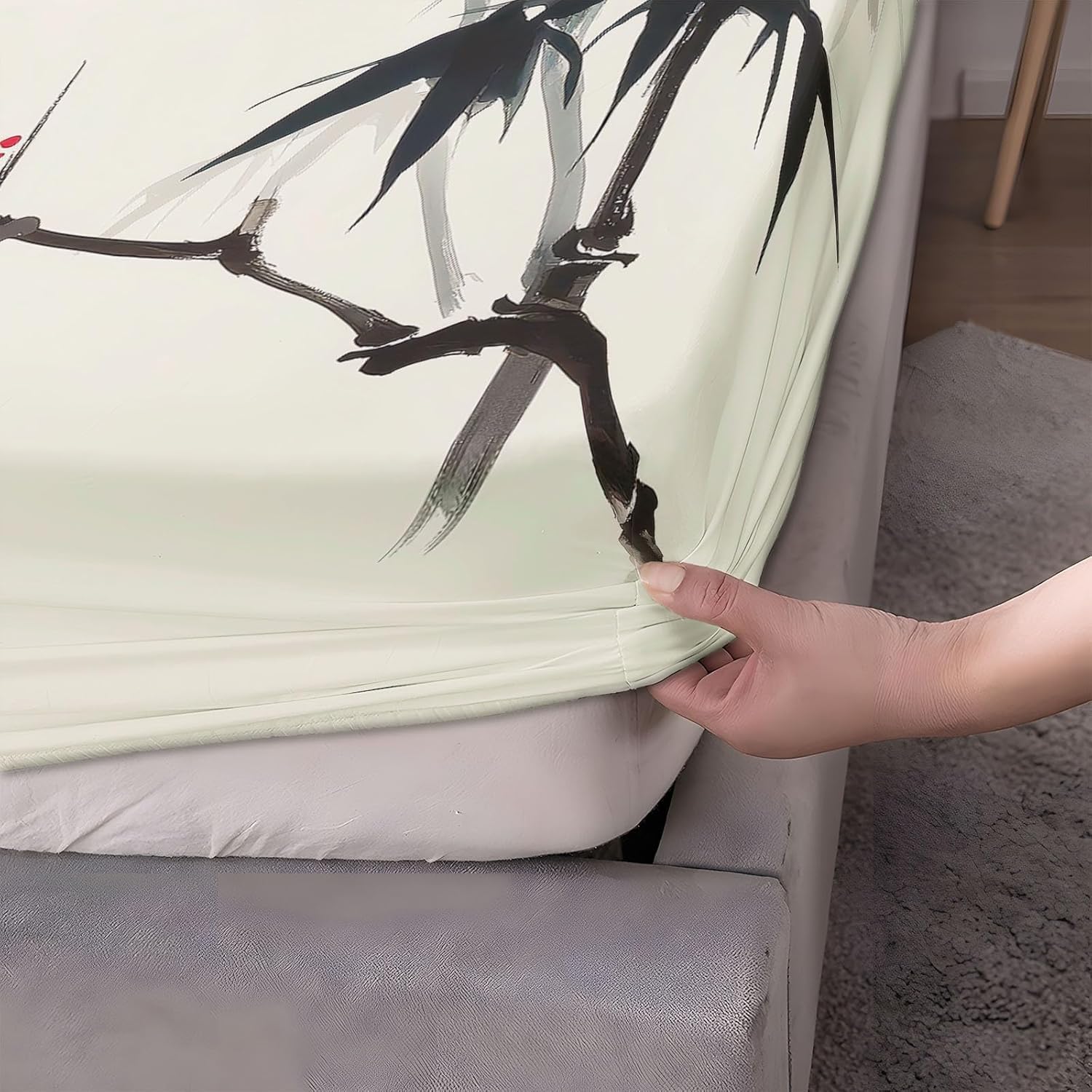 Bettlaken Pflaumenblüte Spannbettlaken 180x200cm Chinesisches Thema für Boxspringbett Weiche Mikrofaser Spannbetttuch 3D Spannbetttücher mit 2 Kissenbezug für Kinder Erwachsene XCW4571