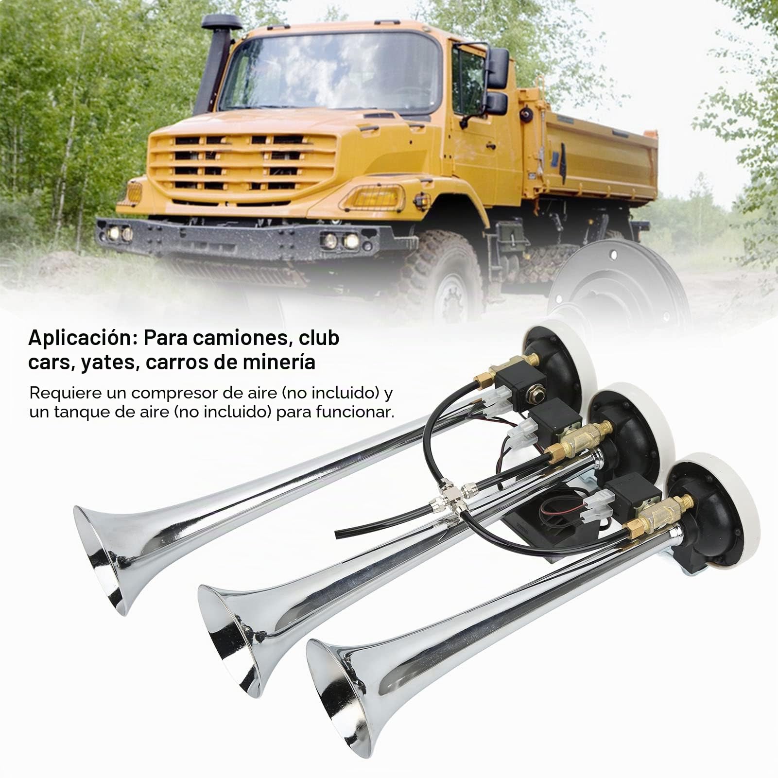 Bocina de Aire Musical Súper Ruidosa de 3/tres Trompetas con 6 Melodías Cromadas 305/342/385x79 Mm DC12 V/24 V para Coches de Club, Camiones y Yates