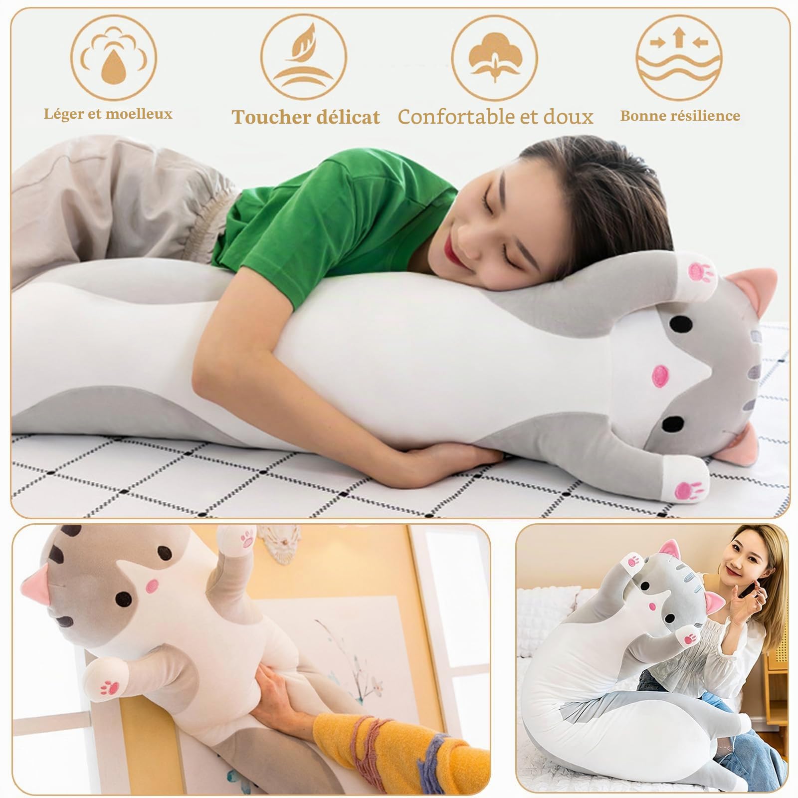 Peluche Chat Long 110cm - Grand Coussin Décoratif Chat pour Canapé, Oreiller Lombaire Super Doux, Peluche Géante pour Adulte, Cadeau Anniversaire Femme Ado (Gris)