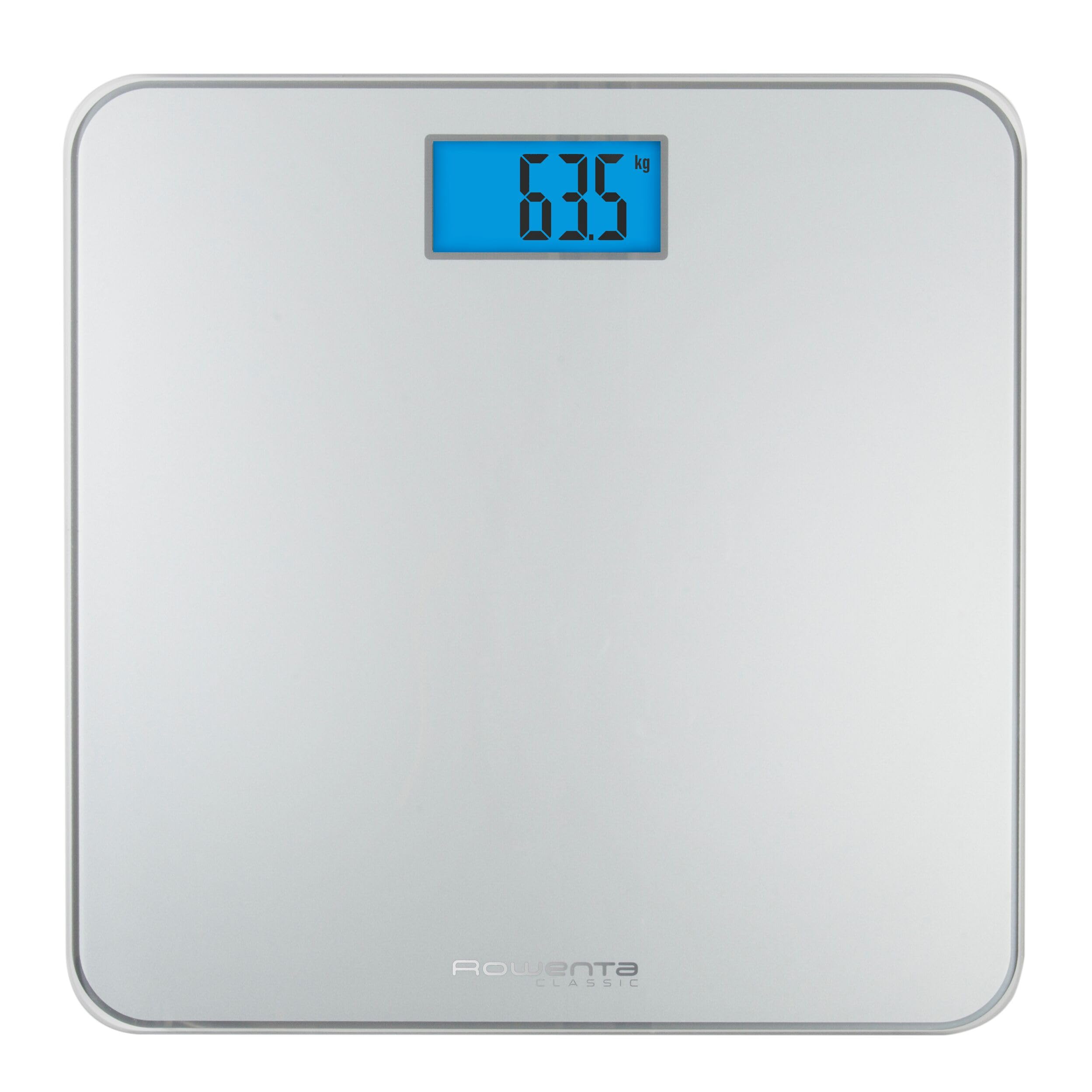 Rowenta Classic BS1500 - Báscula de baño con Pantalla LCD, Compacta, Capacidad de 160 kg, Plataforma de Vidrio y Apagado Automático que Incluye Pilas, color plata