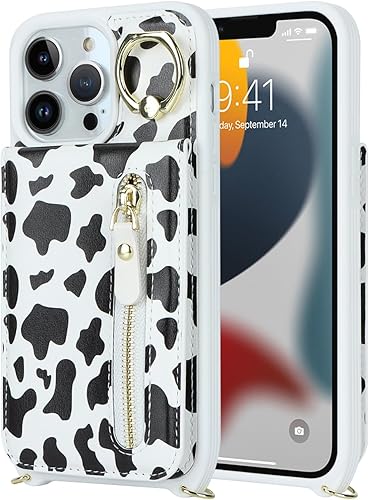 Miniatura 8 de DEYHU Funda para iPhone 13 Pro Max con tarjetero y correa para mujer, bolsa cruzada con soporte de anillo con cremallera para monedero Apple13promax