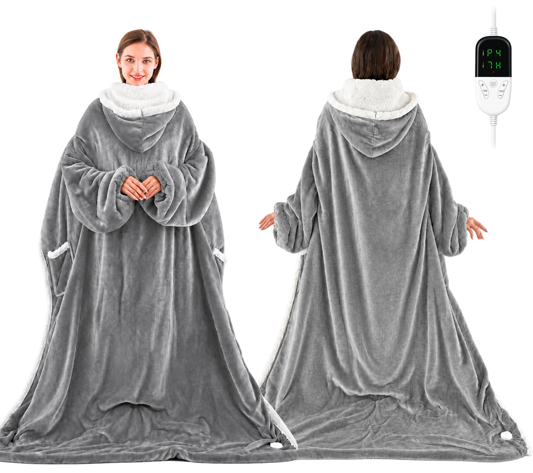 Wearable Heated Blanket with Foot Pocket, Electric Wearable Throw Blanket with Sleeves, Hood, Portable Heated Blanket with 6 Heat Levels, 1-10H Auto-off Settings, Gift for Family, Friends, 50*83"
