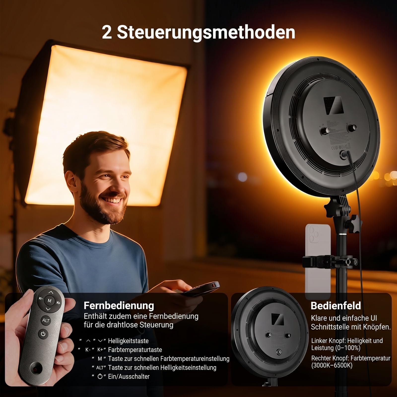 NEEWER BASICS 13" 45W Ringlicht mit 66" Ständer, 3000K-6500K CRI95+ großes Vollbild LED Panel Licht mit Handyhalterung/Fernbedienung für Videoaufnahmen Selfies Streaming Makeup Studiofotografie, BR45B