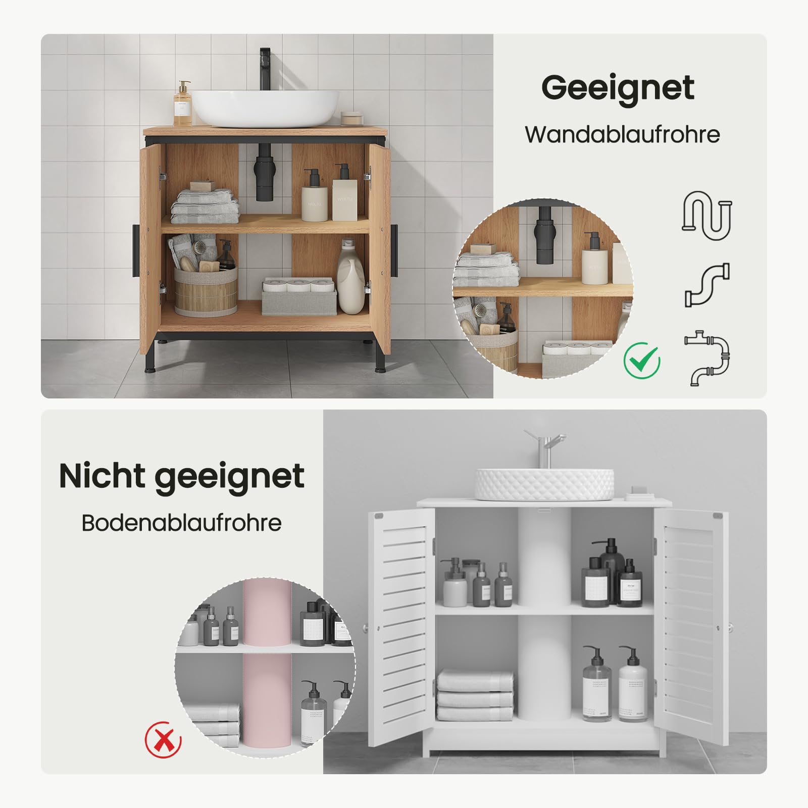 EUGAD Waschbeckenunterschrank 60x60x30 cm, Badezimmerschrank mit höhenverstellbarer Trennwand, Kleiner Schrank im Badezimmer, Badschrank aus Holzwerkstoff Metall, Schwarz