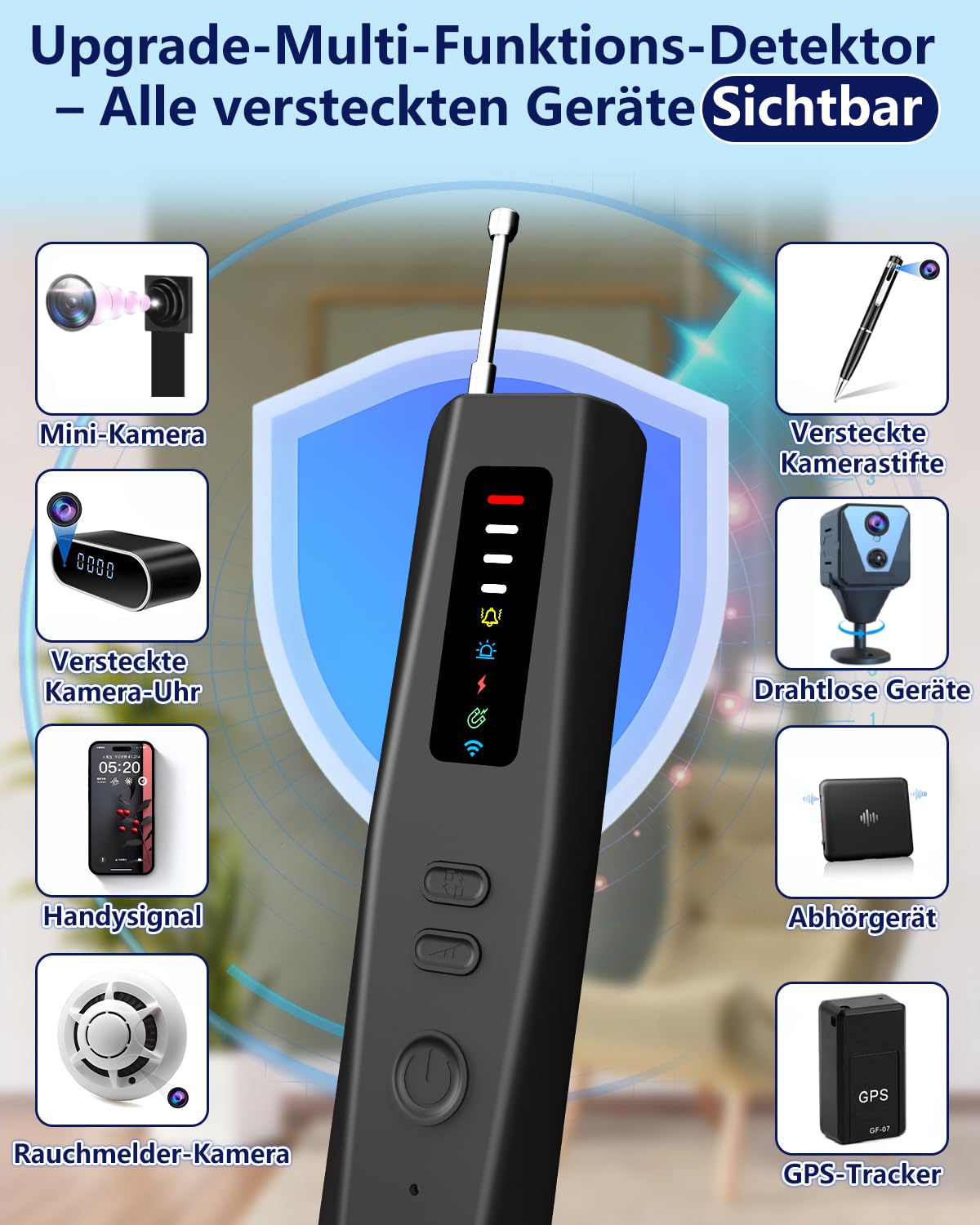 Bextgoo Detector de Camera et Micro Espion, Détecteur de Traceur GPS Voitur, Détecteur de Camera Espion 6 en 1, Détection Vision Nocturne IR, Détection Magnétique,Protection Antivol