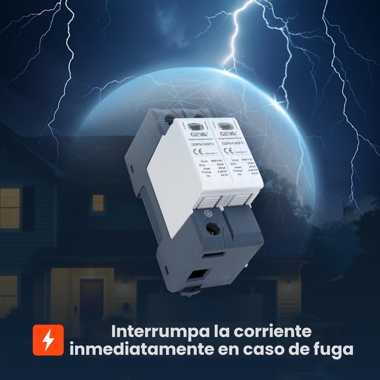 Descargador de sobretensión 2P 40KA 600VDC para corriente continua, dispositivo de protección contra sobretensiones y rayos, adecuado para fotovoltaicos y circuitos domésticos de baja tensión