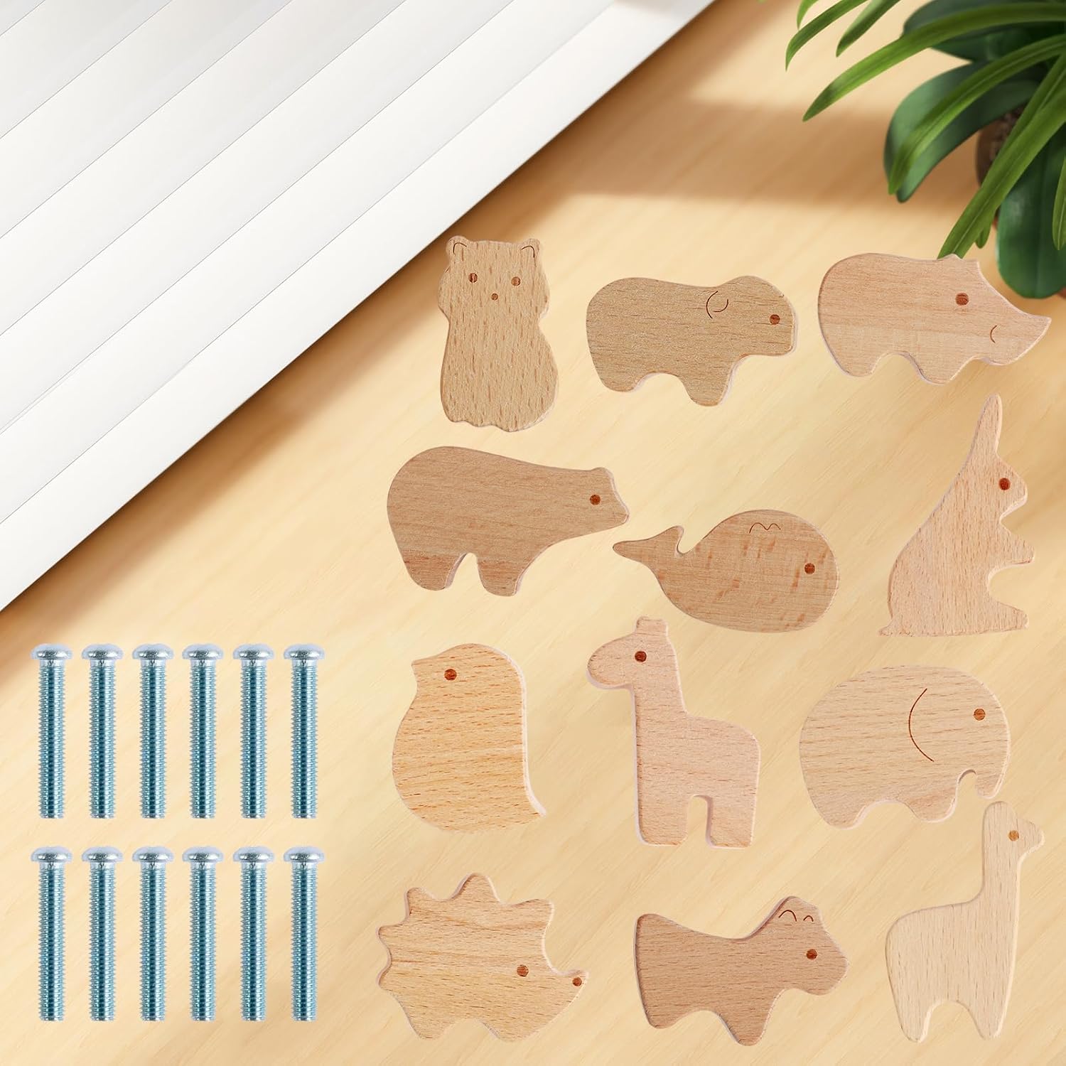 12 Pack Wooden Animal Drawer Knobs - Decorative Wooden Dresser Knobs with Screws - Woodland Animal Theme Cabinet Pulls for Nursery, Wardrobe, Furniture Decor