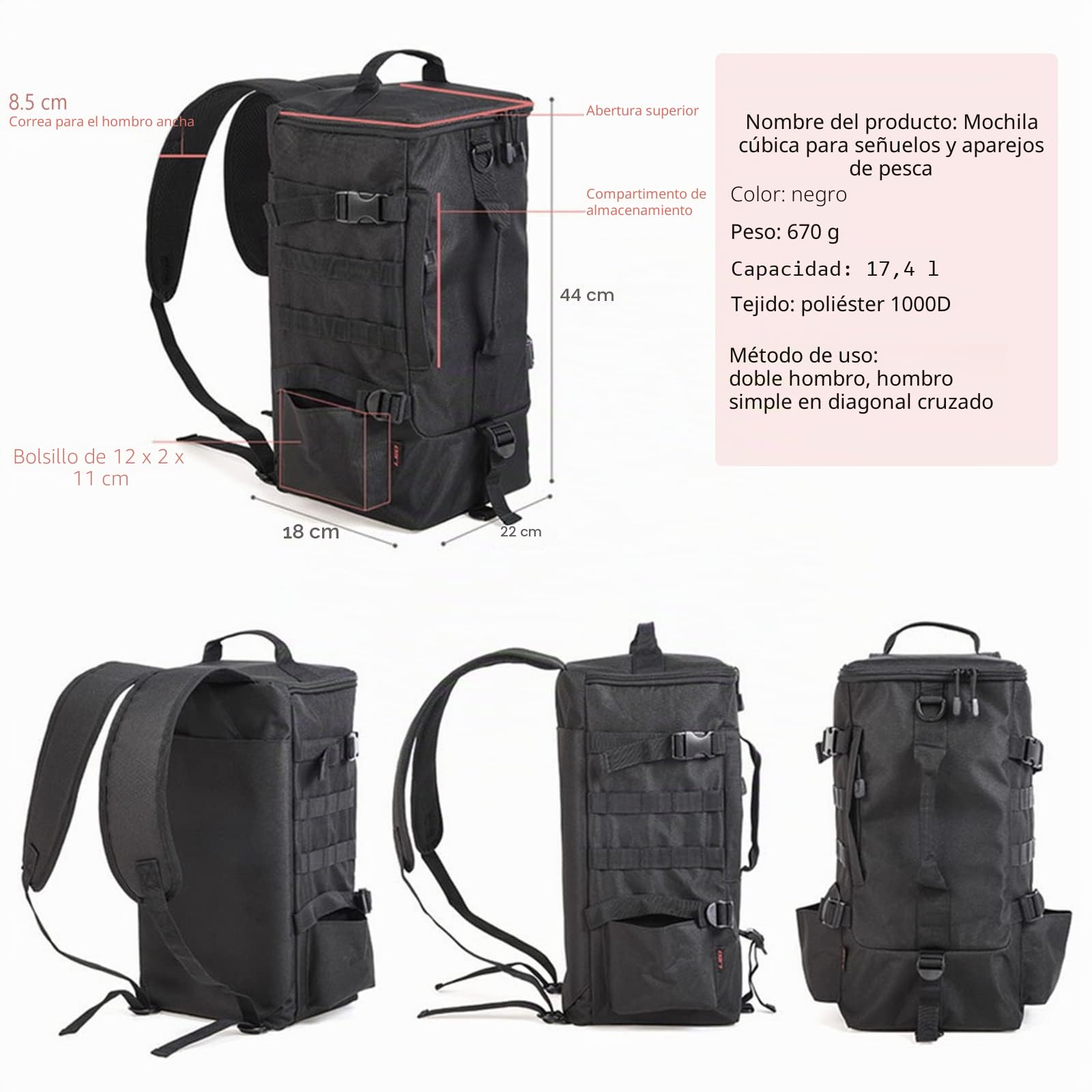 Mochila de Pesca, 2 Soportes para caña de Pescar, Mochila sin 4 Cajas de Aparejos, Bolsa de Equipo de Pesca Grande de 17.4 L para Pesca de Trucha, al Aire Libre, Camping, Senderismo, Negro