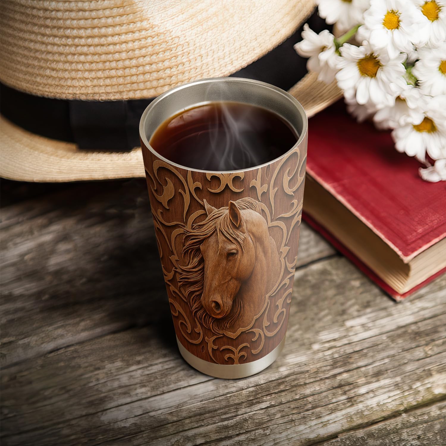64HYDRO 20oz Wooden Flower Horse Tumbler, Country, Equestrian Gifts for Horse Lovers, Coffee Tumbler for Women, Men, Stainless Steel Double Wall Vacuum Insulated Coffee Mug, Travel Cup with Lid