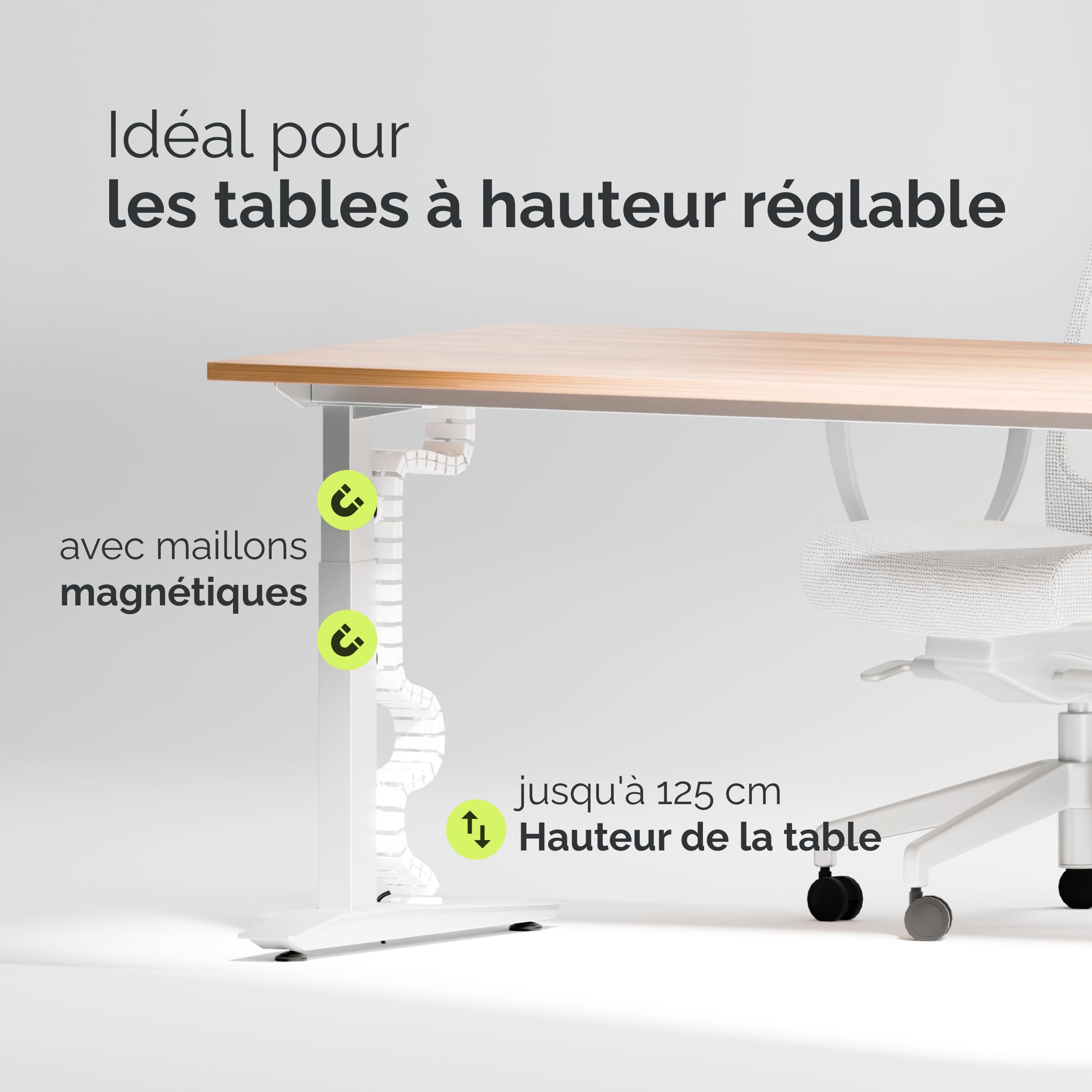 VALU Gestion de Câbles Bureau Premium – Gaine câble 128 cm Flexible pour Bureau réglable en Hauteur – Montage vis ou adhésif – 4 aimants & 3 organisateurs de câble Inclus