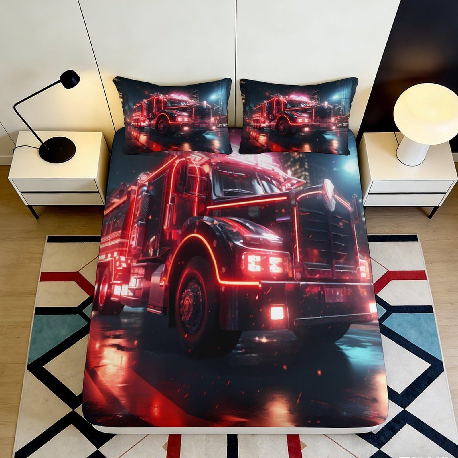 Tjiqhvmrn Style-3 3D Printed Fire Truck Fitted Sheet Microfiber Deep Pocket Bedroom Non-Slip Fire Truck Mattress Fitted Cover Washable Protective For Adults Teens 90X200x25cm