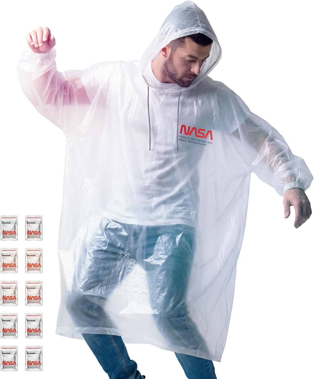 NASA Adult Rain Ponchos, Anti-Tear Design (4-Pack / 10-Pack) | Transparent Design | Fire-Resistant Coating | 43% Thicker PE | Drawstring Hood | Elasticated Cuffs | Official NASA Insignia