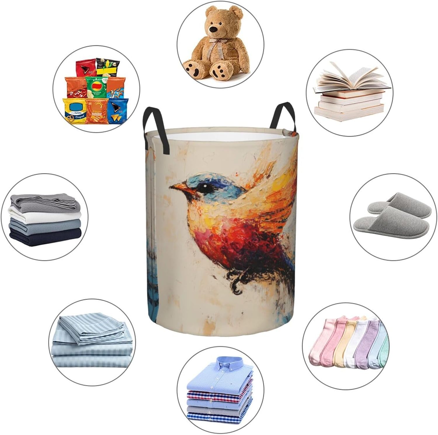 Bird pattern Round Single-layer Laundry Basket, Portable Storage Laundry Basket, Bedroom Clothes Storage Basket with Handle