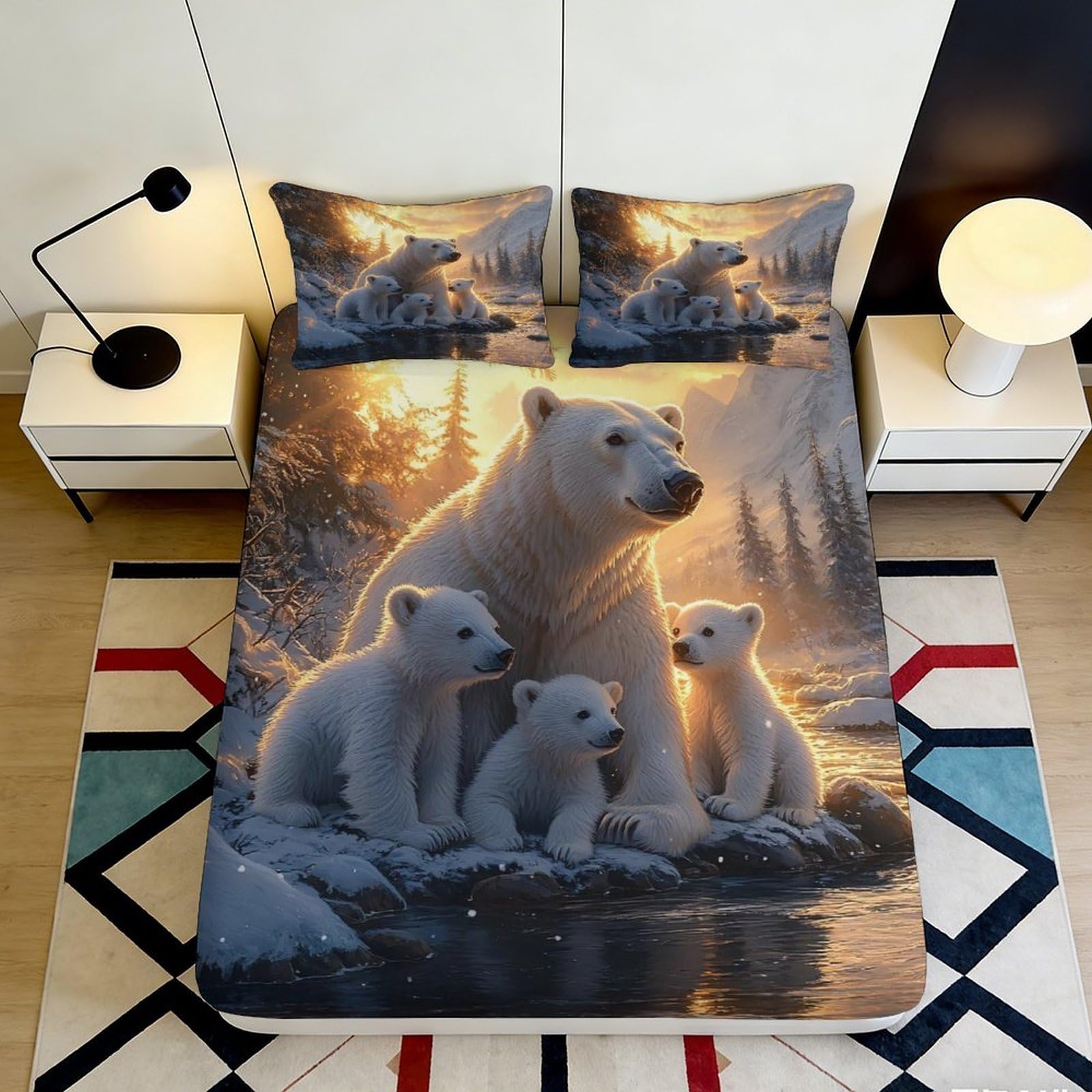 3D Printed Polar Bear Family Fitted Sheet Microfiber Animal Art Mattress Cover for Bedroom Guest Room Dorm Protection 90x200x25cm