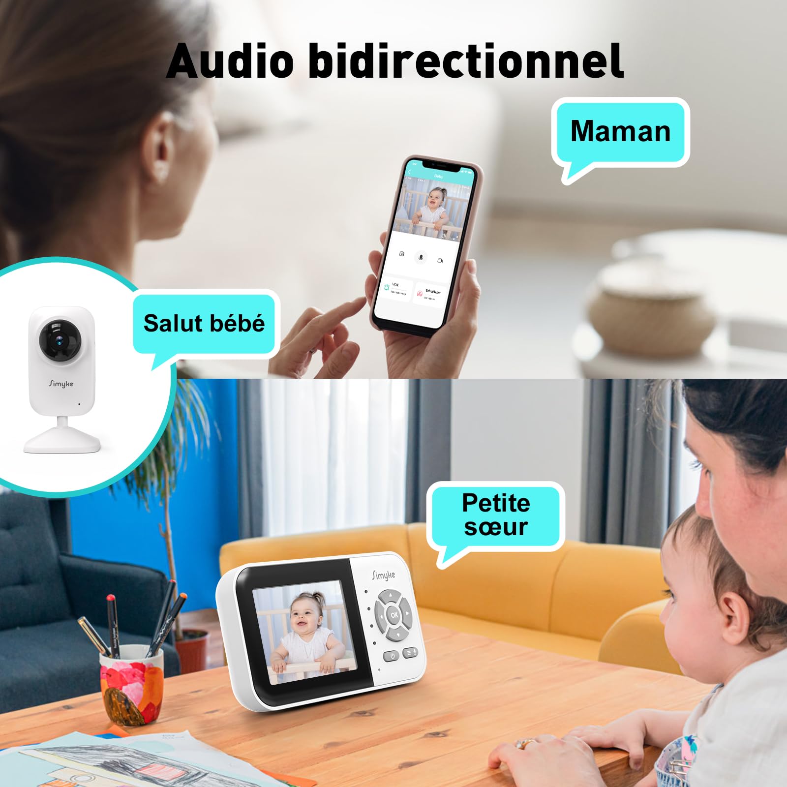 Simyke Babyphone 2 Caméras, écran IPS sans Fil Direct, Connexion APP WiFi 2,4G, Vision Nocturne Automatique, Batterie 2500mAh, Mode VOX, Appel bidirectionnel, détection de température.