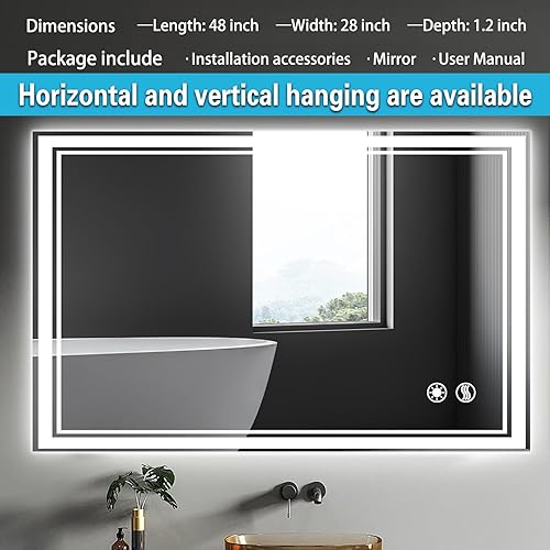 Miniatura 4 de Espejo LED de 48 x 28 pulgadas para baño, espejo de baño antivaho con luces regulables, 3 colores, luces delanteras y retroiluminadas, espejo de