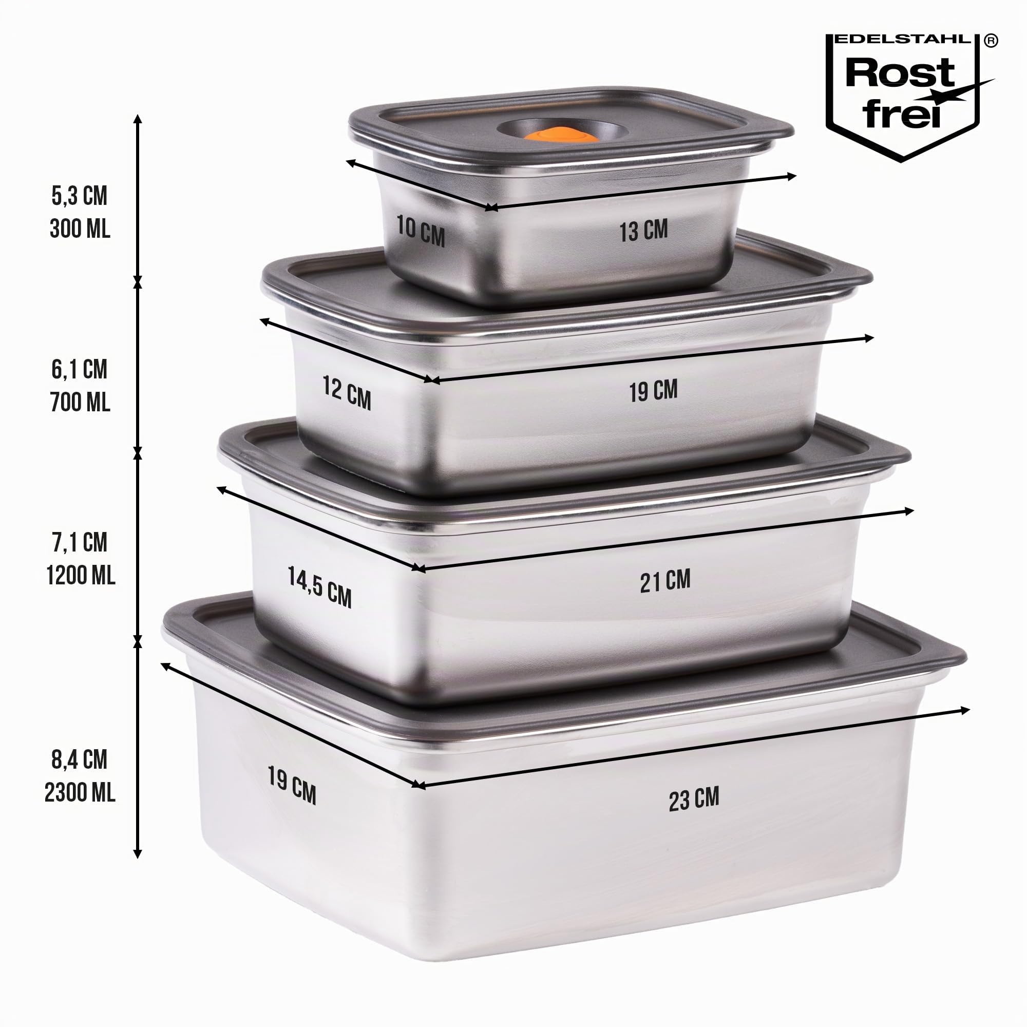 STONELINE Boîte Alimentaire Hermétique Sous Vide en Acier Inoxydable, Lot 300/700/1.200/2.300 ml, compatible au Micro-ondes Four Congélateur, Boîte de Conservation Récipient Alimentaire avec Couvercle