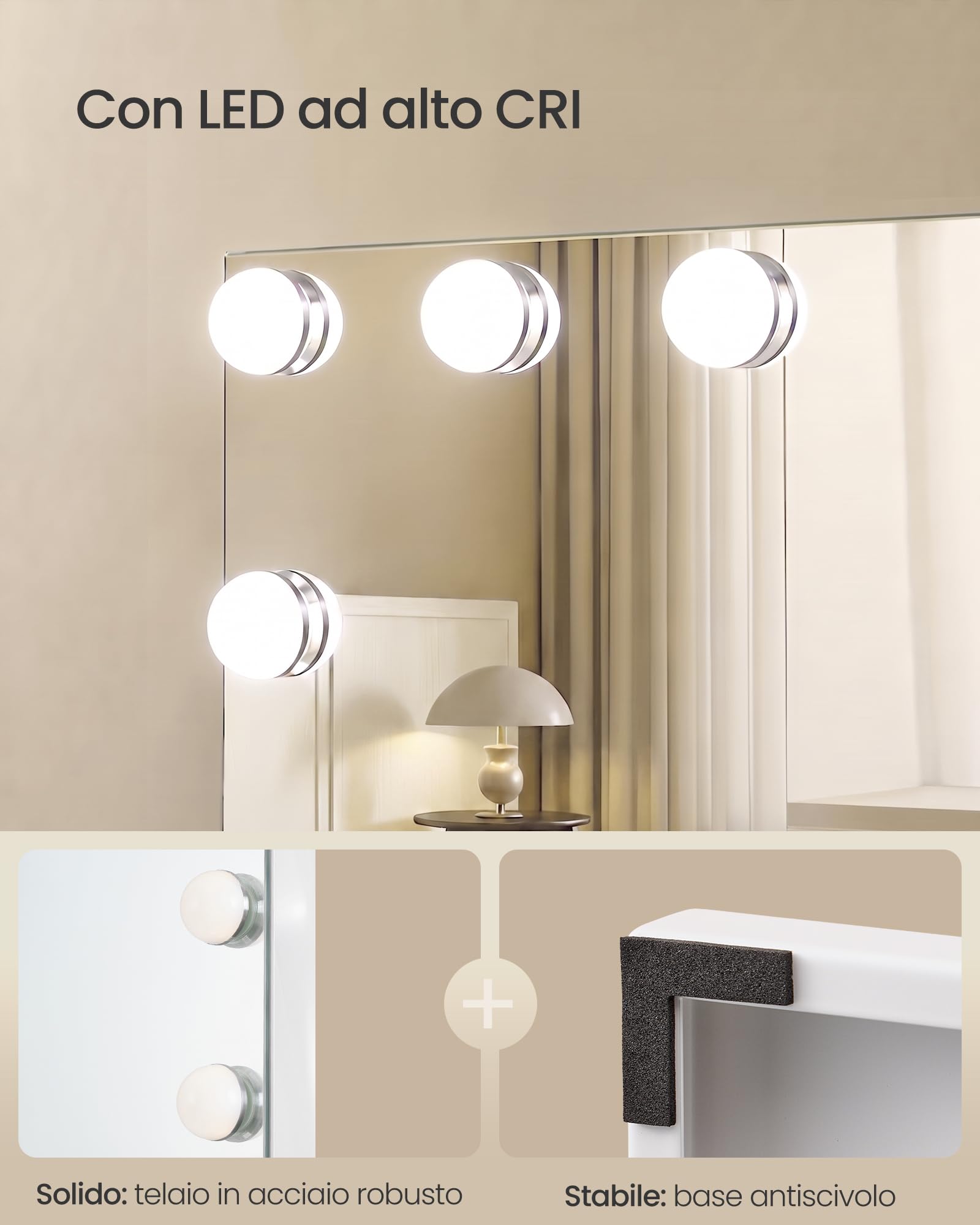 SONGMICS Specchio Trucco con Luci, 15 LED Dimmerabili, 3 Colori, Specchio Ingranditore 10x, Porte USB, da Tavolo o Parete, 62 x 80 x 5,7 cm, Bianco Opaco, Collezione Berit LWM223WC02