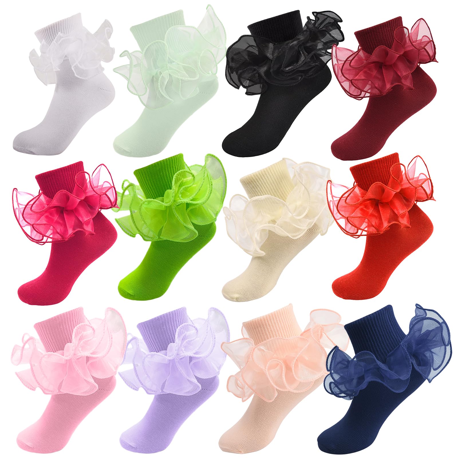 Girls Ruffle Socks Double Lace Turn Cuff Frilly Church Dress Socks