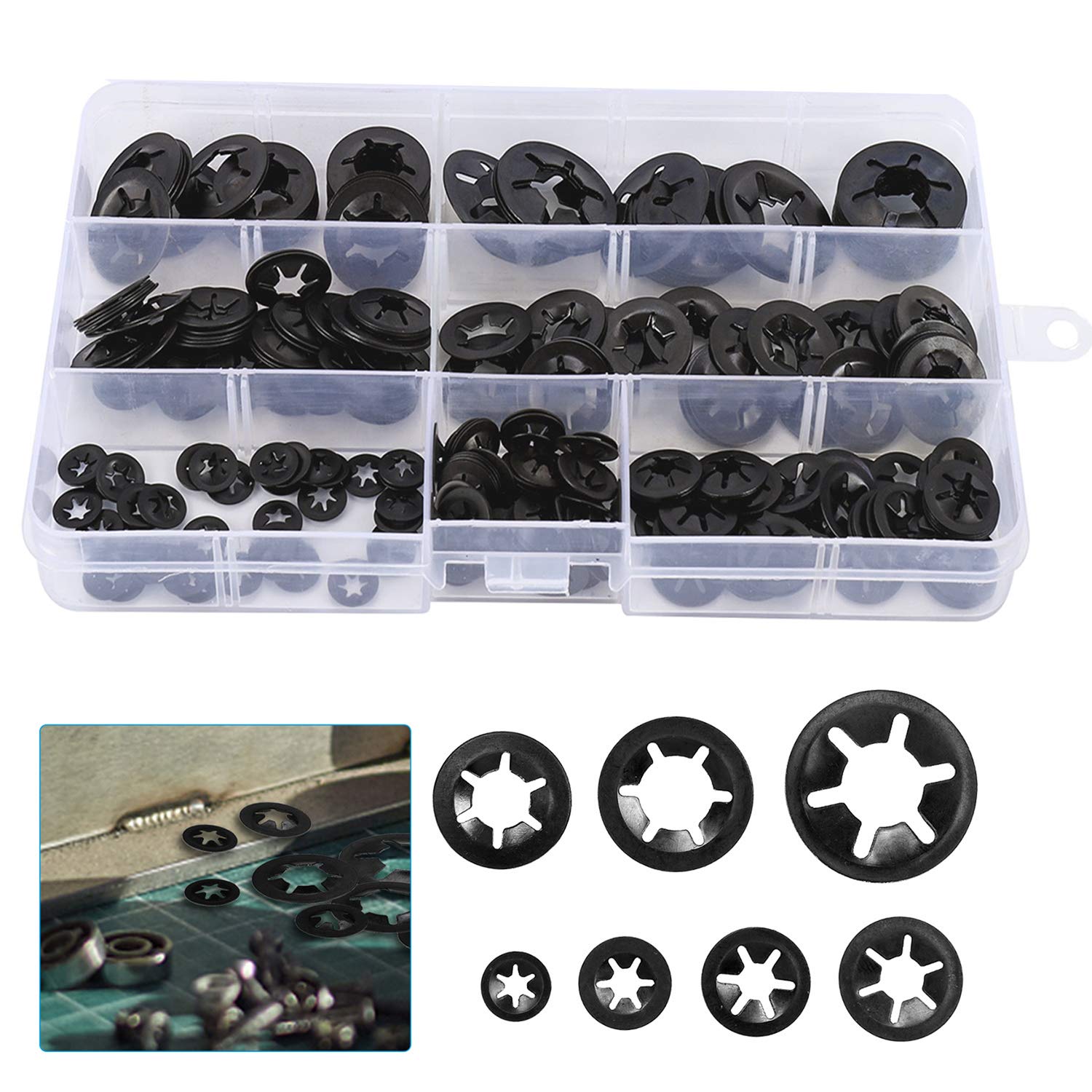 7 Sizes 320PCS Internal Tooth Starlock Washers,Quick Speed Locking Washers, Push On Retainers Clips,Push On Nut Fasteners Assortment Kit for Shaft and Stud,65Mn Spring Steel,Black Oxide Finish