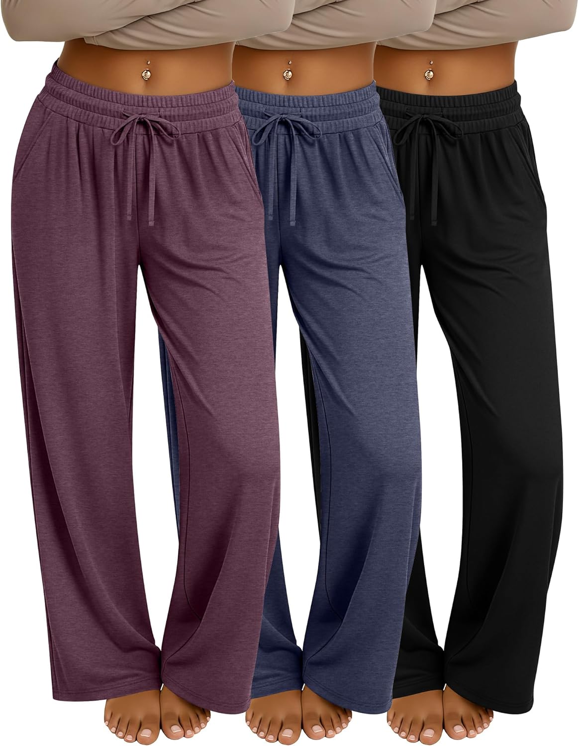 Neer 3 Pack Women's Baggy Sweatpants with Pockets, Wide Leg Yoga Pants Cozy Thick Lounge Pants Drawstring Casual Loose Jogger